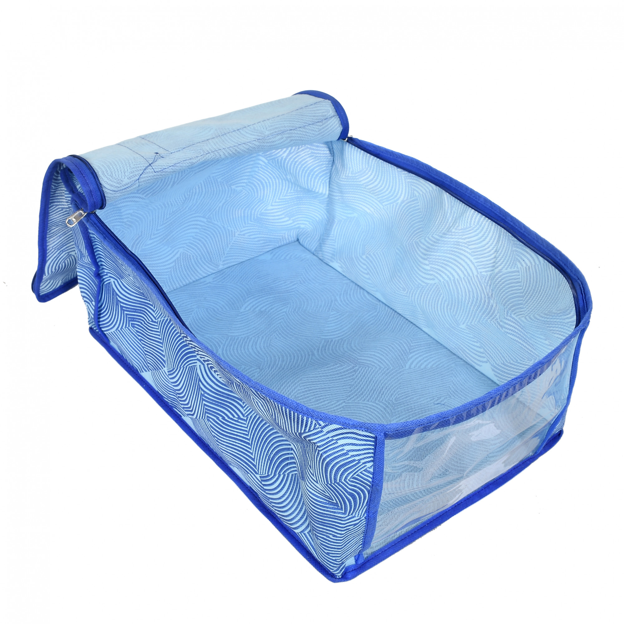 Kuber Industries Metalic Lahariya Print Non Woven Fabric Saree Cover/Clothes Organiser For Wardrobe Set with Transparent Window, Extra Large (Blue)