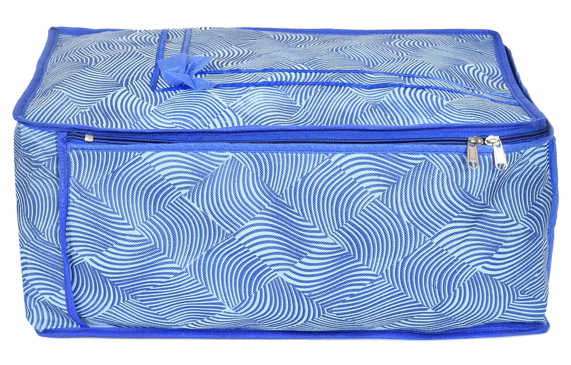 Kuber Industries Metalic Lahariya Print Non Woven Fabric Saree Cover/Clothes Organiser For Wardrobe Set with Transparent Window, Extra Large (Blue)