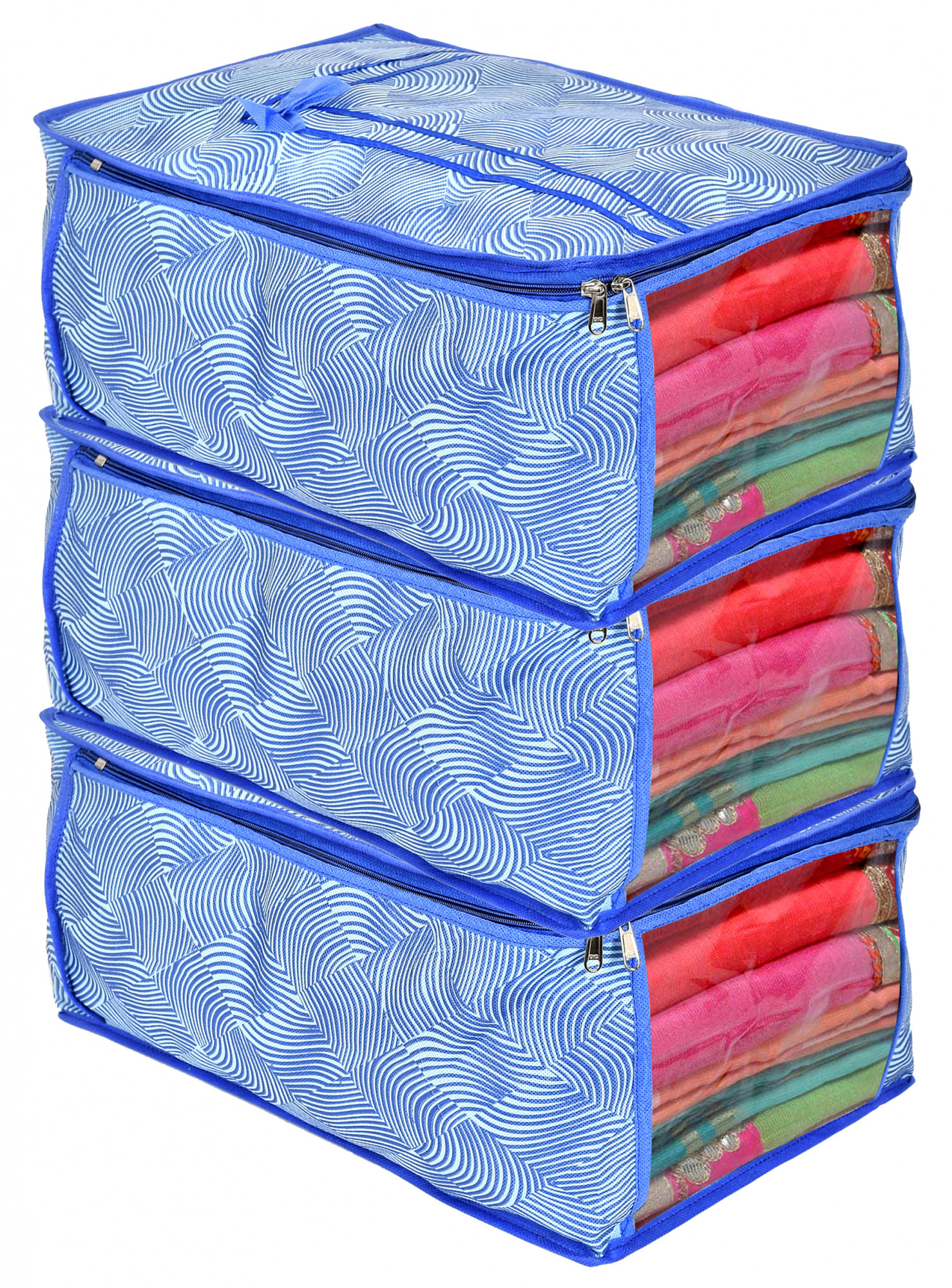 Kuber Industries Metalic Lahariya Print Non Woven Fabric Saree Cover/Clothes Organiser For Wardrobe Set with Transparent Window, Extra Large (Blue)