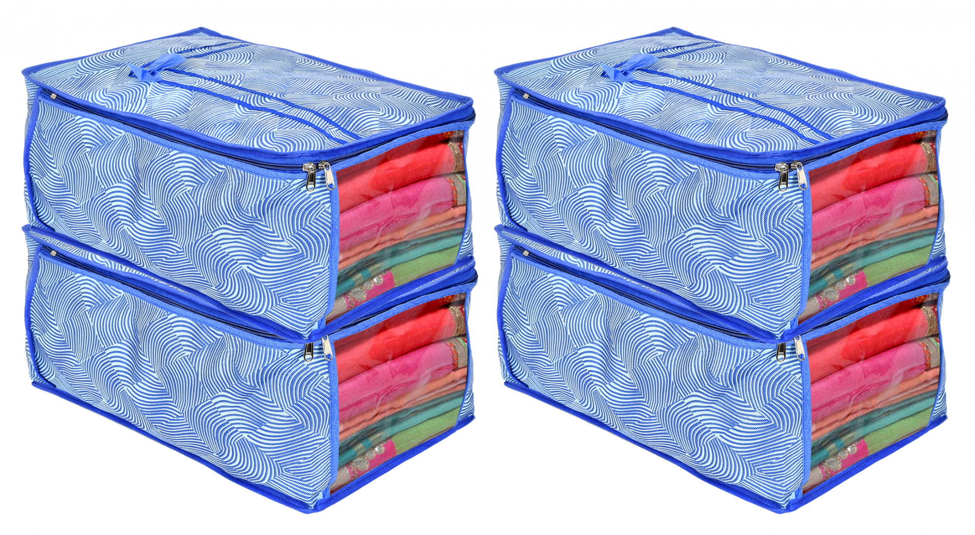Kuber Industries Metalic Lahariya Print Non Woven Fabric Saree Cover/Clothes Organiser For Wardrobe Set with Transparent Window, Extra Large (Blue)
