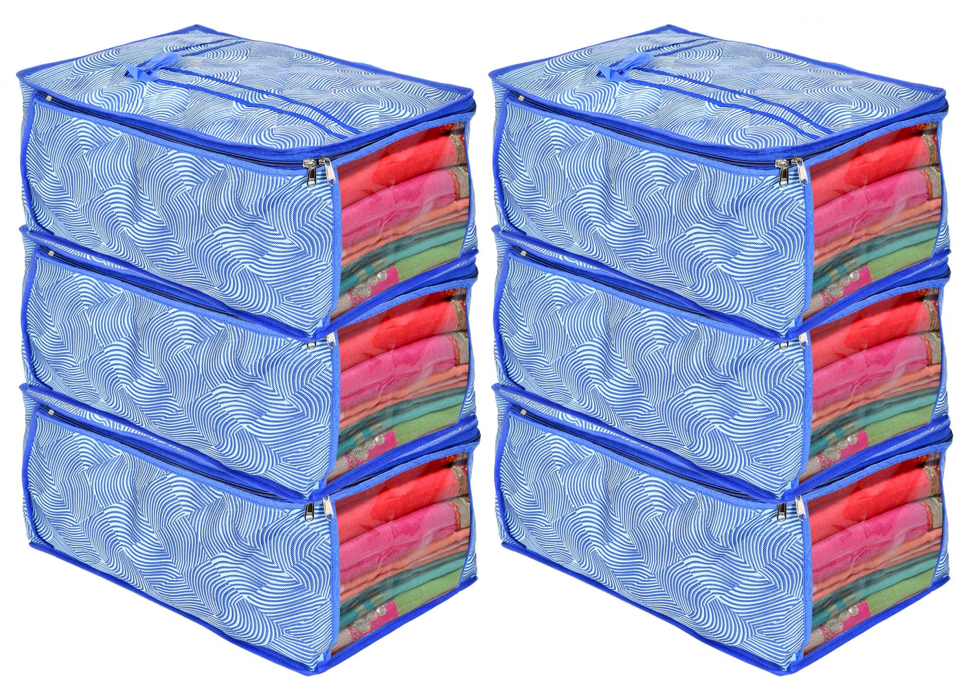 Kuber Industries Metalic Lahariya Print Non Woven Fabric Saree Cover/Clothes Organiser For Wardrobe Set with Transparent Window, Extra Large (Blue)