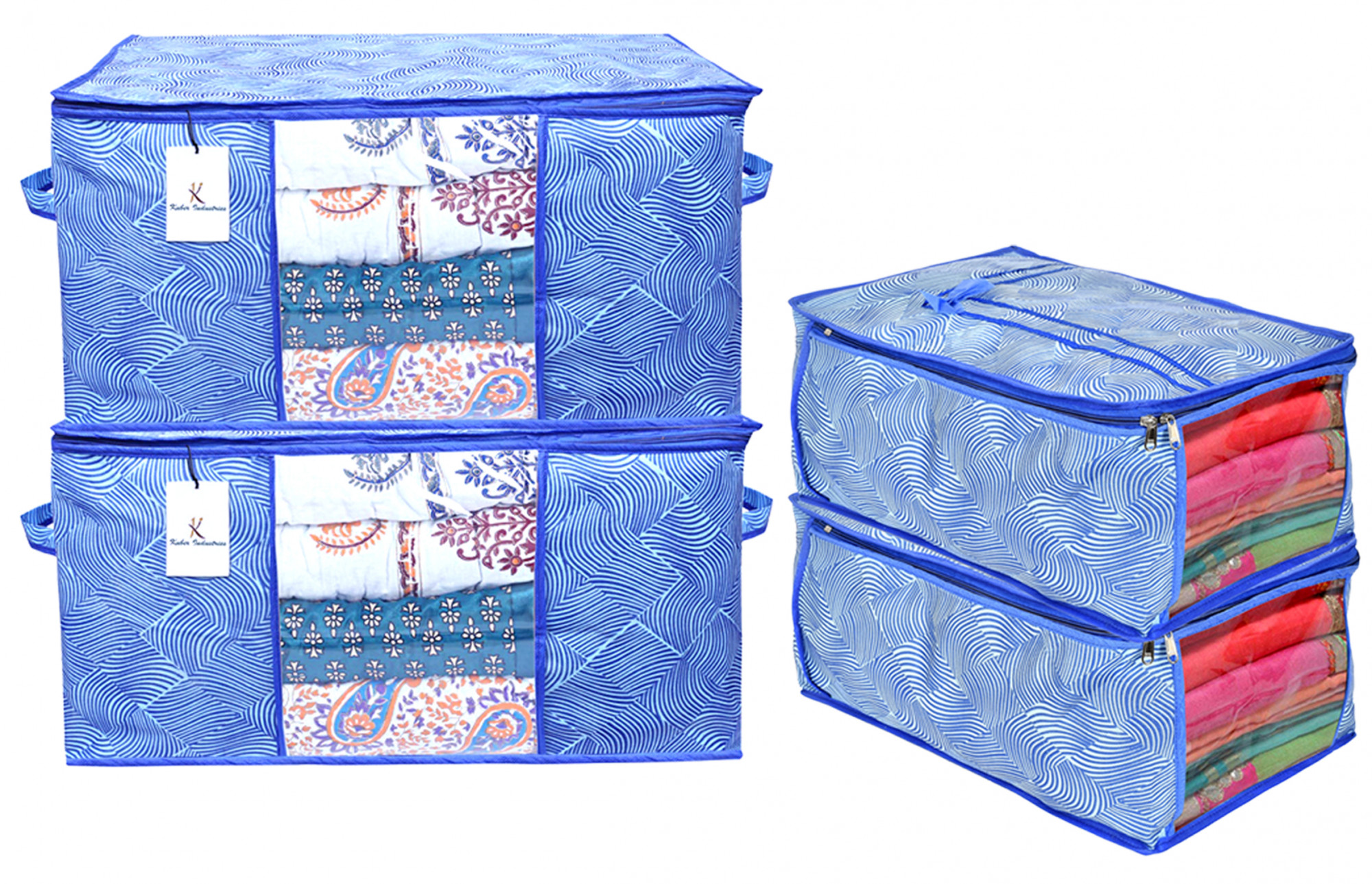 Kuber Industries Metalic Lahariya Print Non Woven Saree Cover And 2 Pieces Underbed Storage Bag, Storage Organiser, Blanket Cover (Blue)