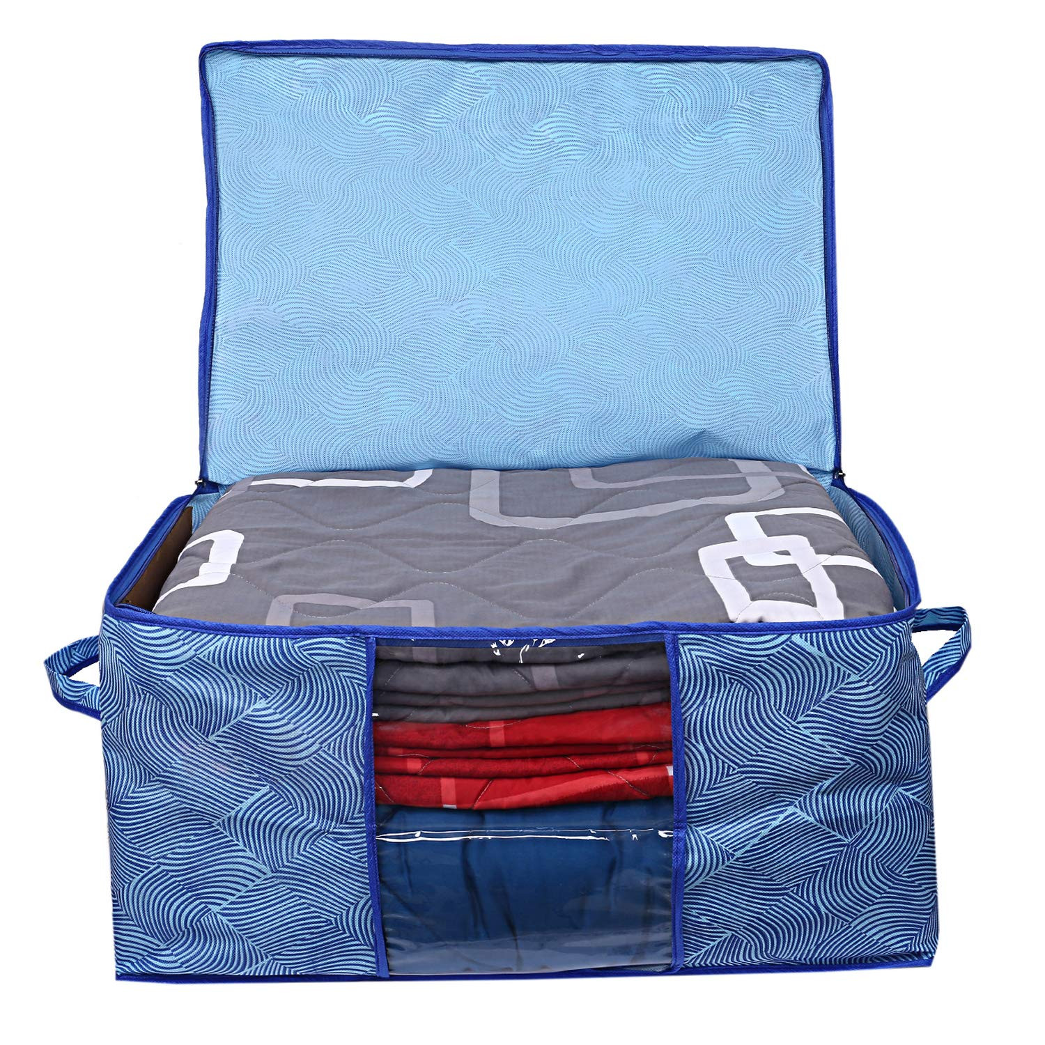 Kuber Industries Metalic Lahariya Print Non Woven Saree Cover And 2 Pieces Underbed Storage Bag, Storage Organiser, Blanket Cover (Blue)