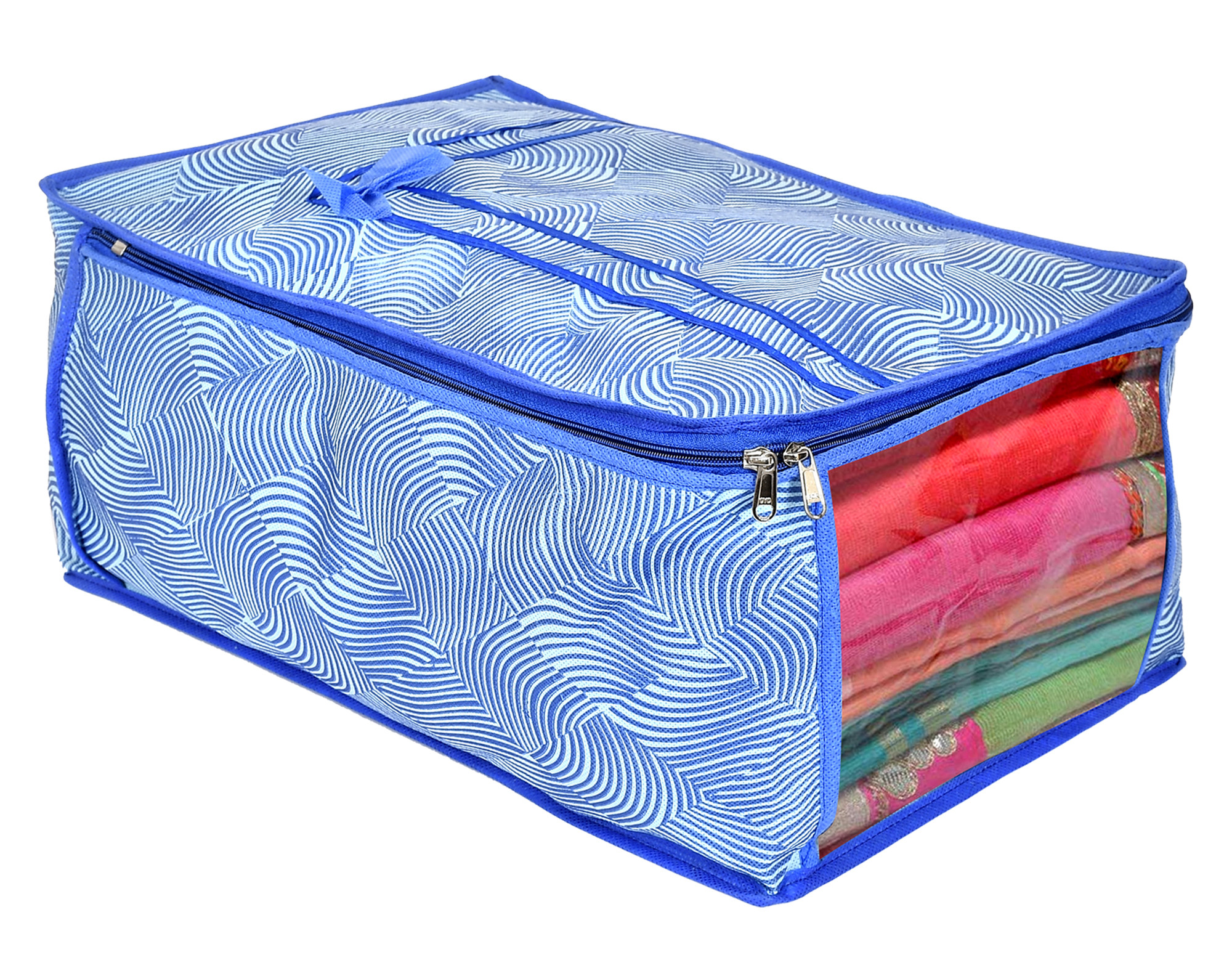 Kuber Industries Metalic Lahariya Print Non Woven Saree Cover And 2 Pieces Underbed Storage Bag, Storage Organiser, Blanket Cover (Blue)