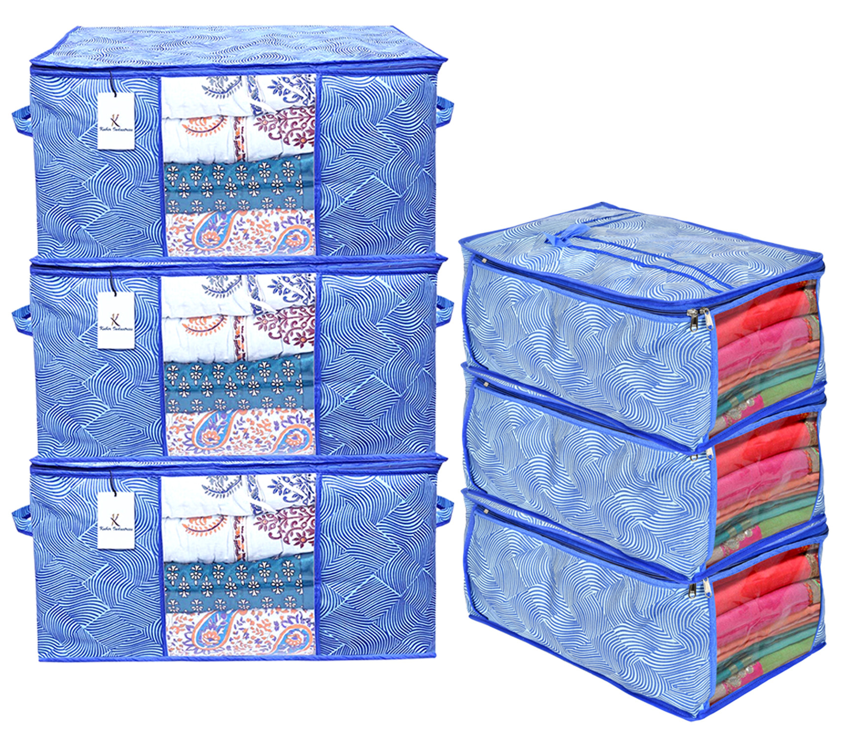Kuber Industries Metalic Lahariya Print Non Woven Saree Cover And 2 Pieces Underbed Storage Bag, Storage Organiser, Blanket Cover (Blue)