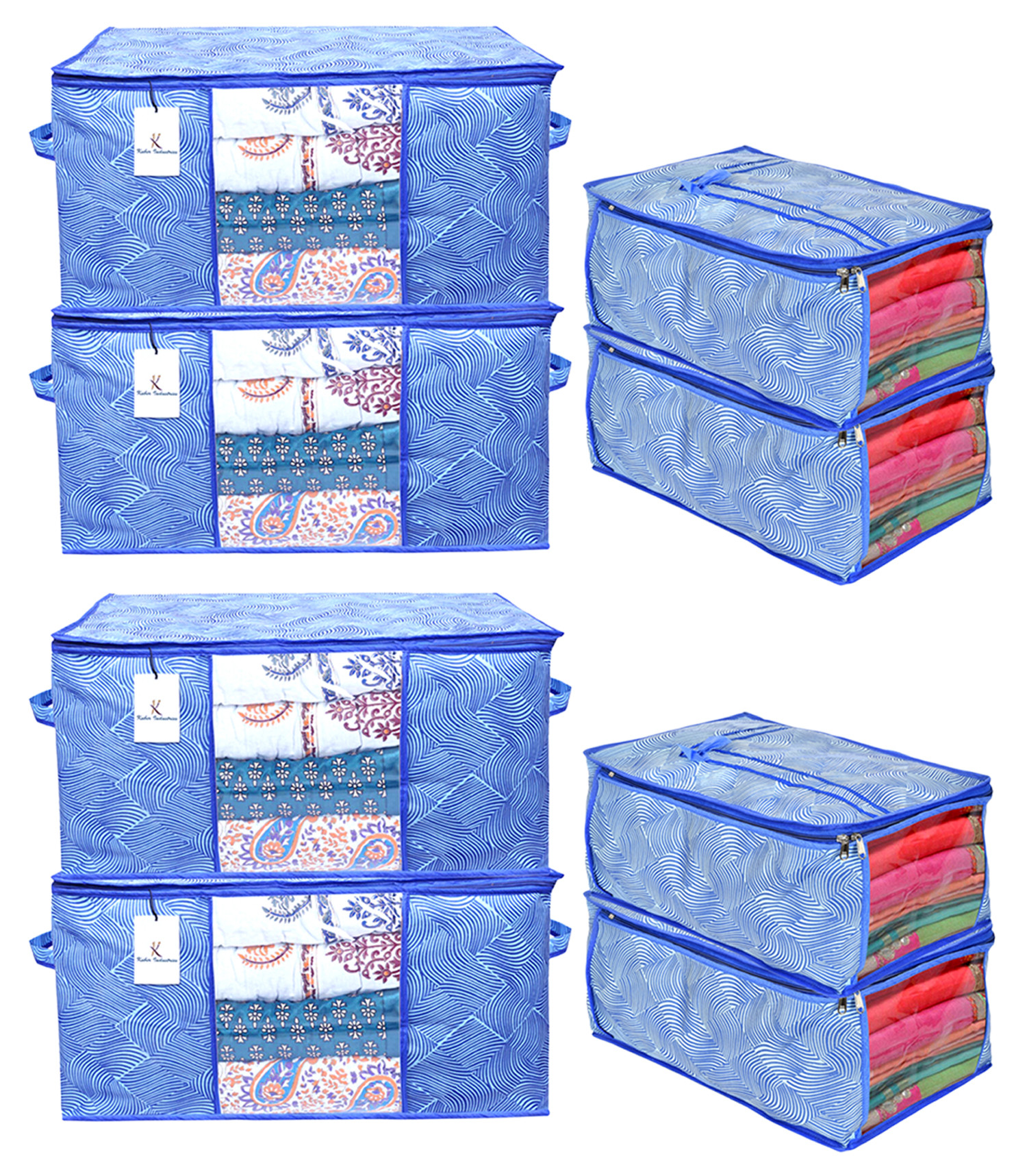 Kuber Industries Metalic Lahariya Print Non Woven Saree Cover And 2 Pieces Underbed Storage Bag, Storage Organiser, Blanket Cover (Blue)