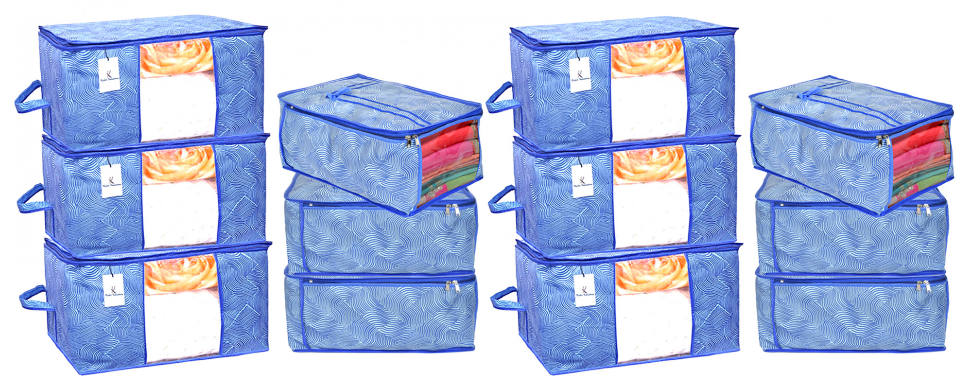 Kuber Industries Metalic Lahariya Print Non Woven Saree Cover And 2 Pieces Underbed Storage Bag, Storage Organiser, Blanket Cover (Blue)