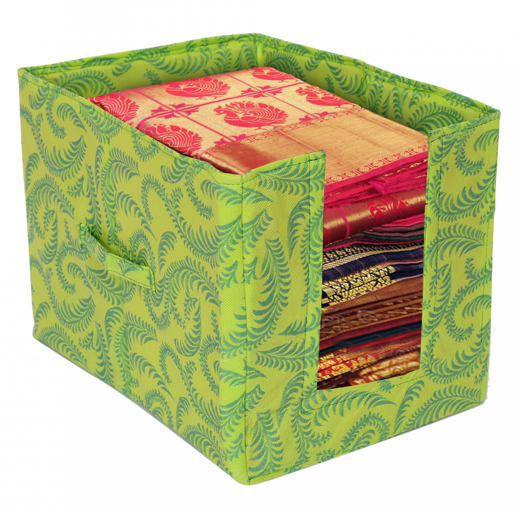 Kuber Industries Metalic Leaf Print Foldable Rectangle Cloth Saree Stacker Cloth Wardrobe Organizer (Green)