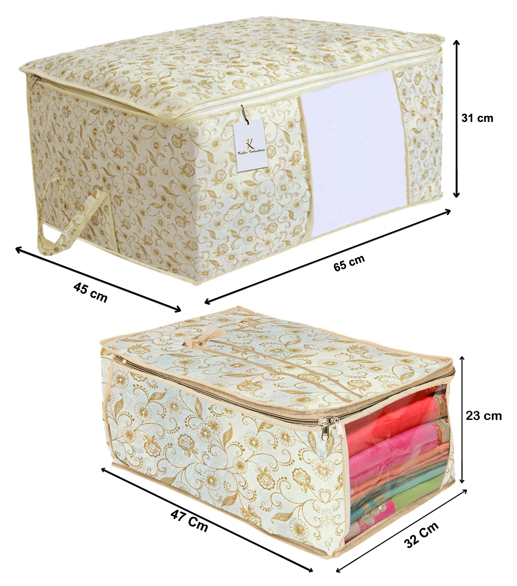 Kuber Industries Metalic Leaf Print Non Woven Saree Cover And 2 Pieces Underbed Storage Bag, Storage Organiser, Blanket Cover (Brown)