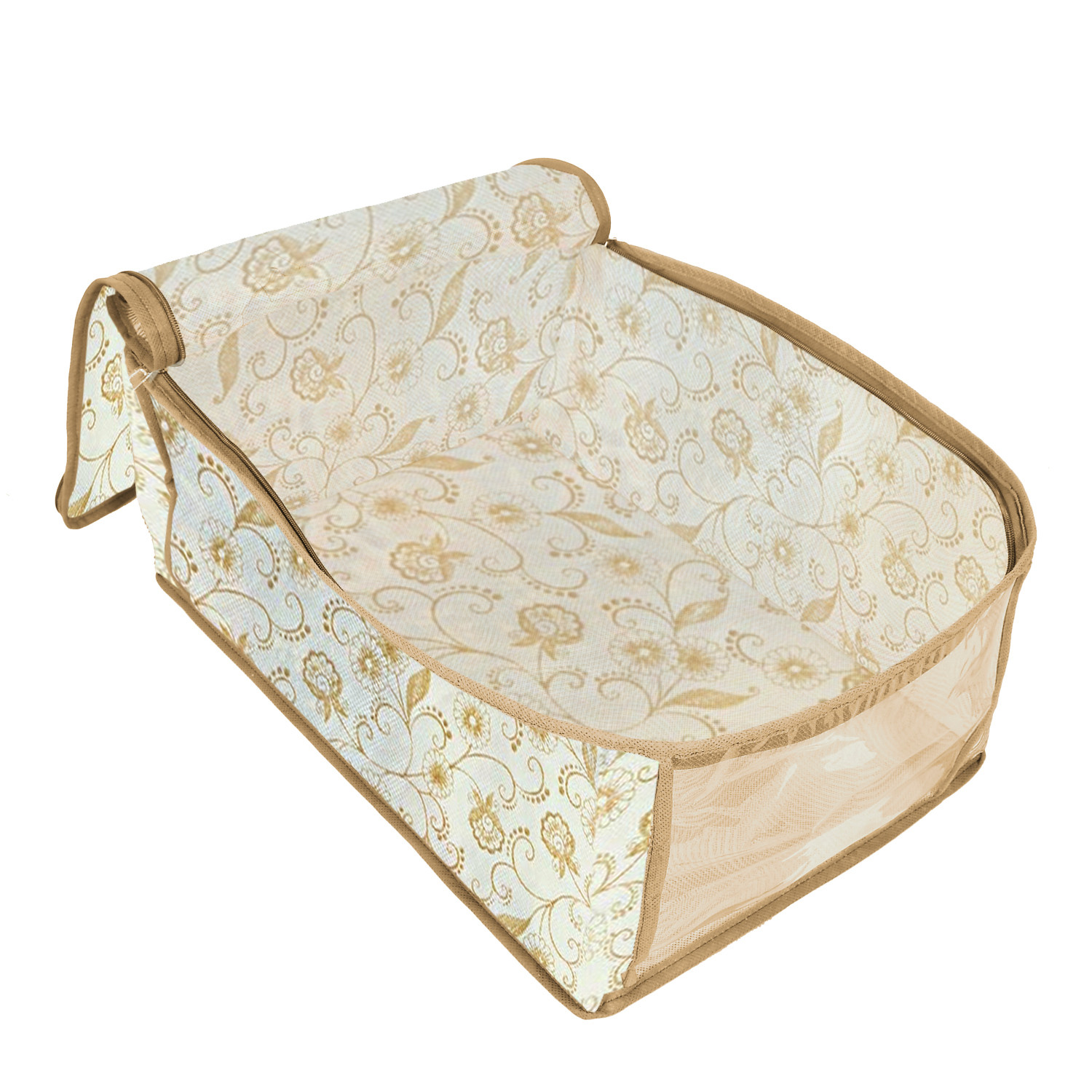 Kuber Industries Metalic Leaf Print Non Woven Saree Cover And 2 Pieces Underbed Storage Bag, Storage Organiser, Blanket Cover (Brown)