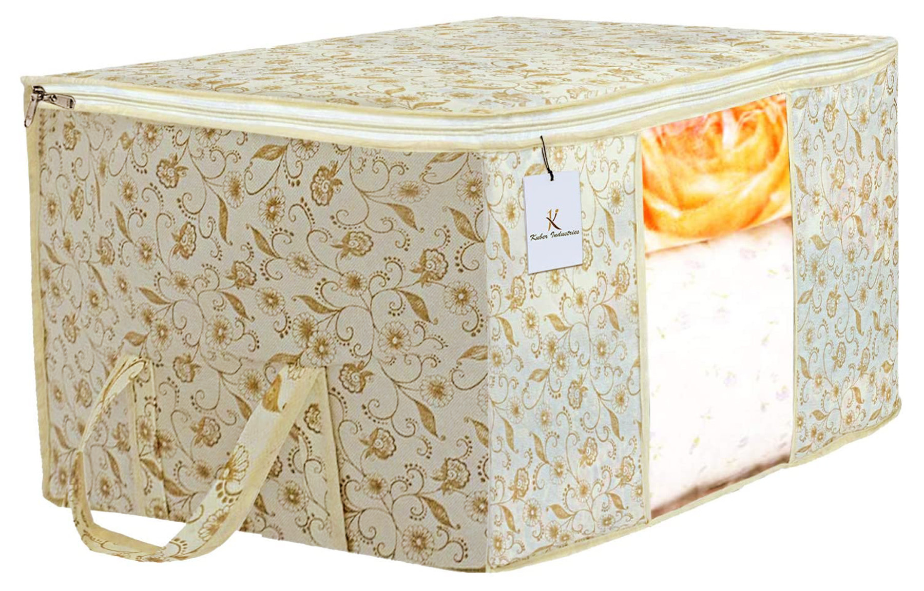 Kuber Industries Metalic Leaf Print Non Woven Saree Cover And 2 Pieces Underbed Storage Bag, Storage Organiser, Blanket Cover (Brown)