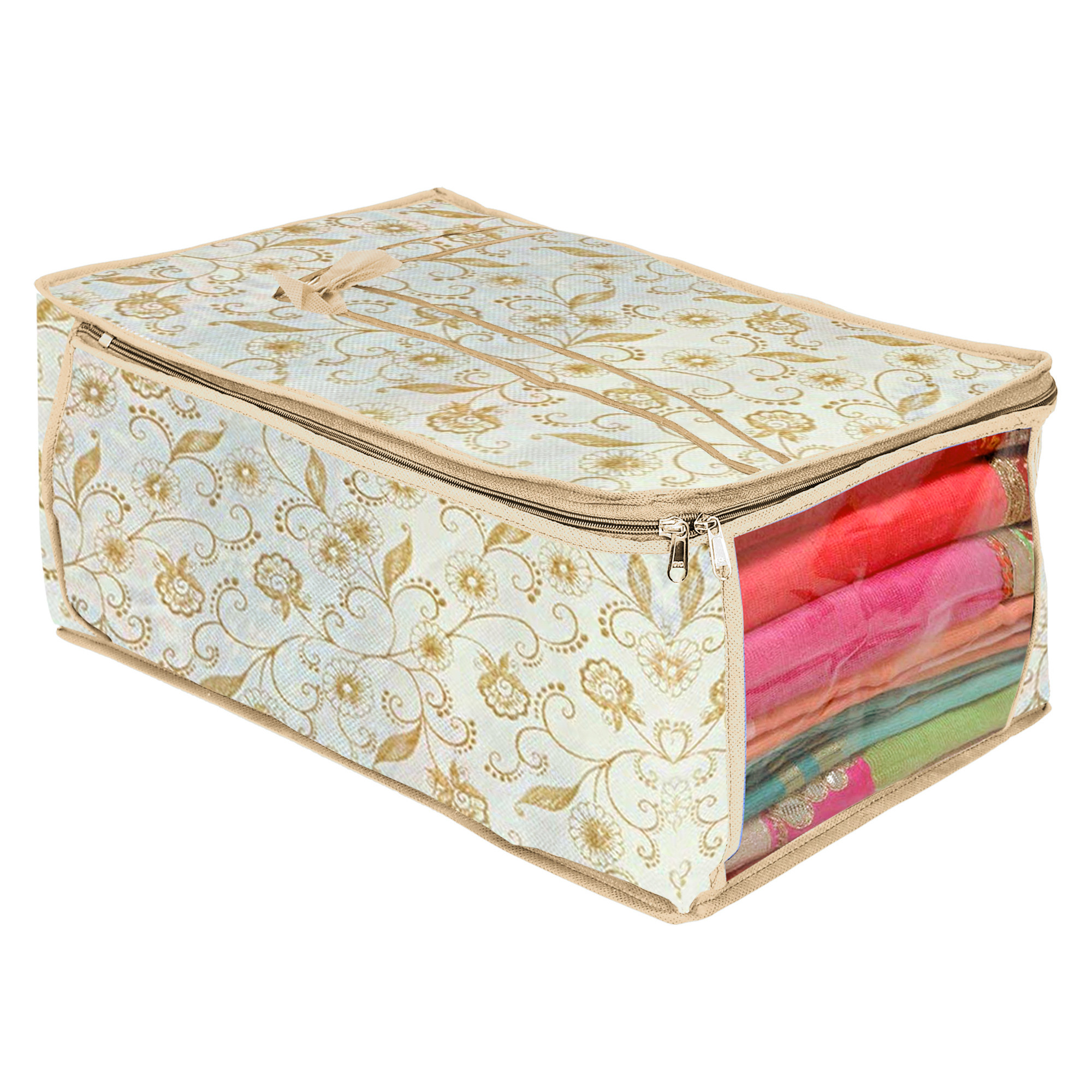 Kuber Industries Metalic Leaf Print Non Woven Saree Cover And 2 Pieces Underbed Storage Bag, Storage Organiser, Blanket Cover (Brown)