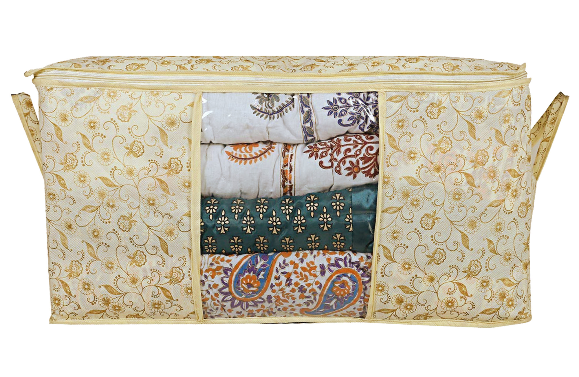 Kuber Industries Metalic Leaf Print Non Woven Saree Cover And 2 Pieces Underbed Storage Bag, Storage Organiser, Blanket Cover (Brown)
