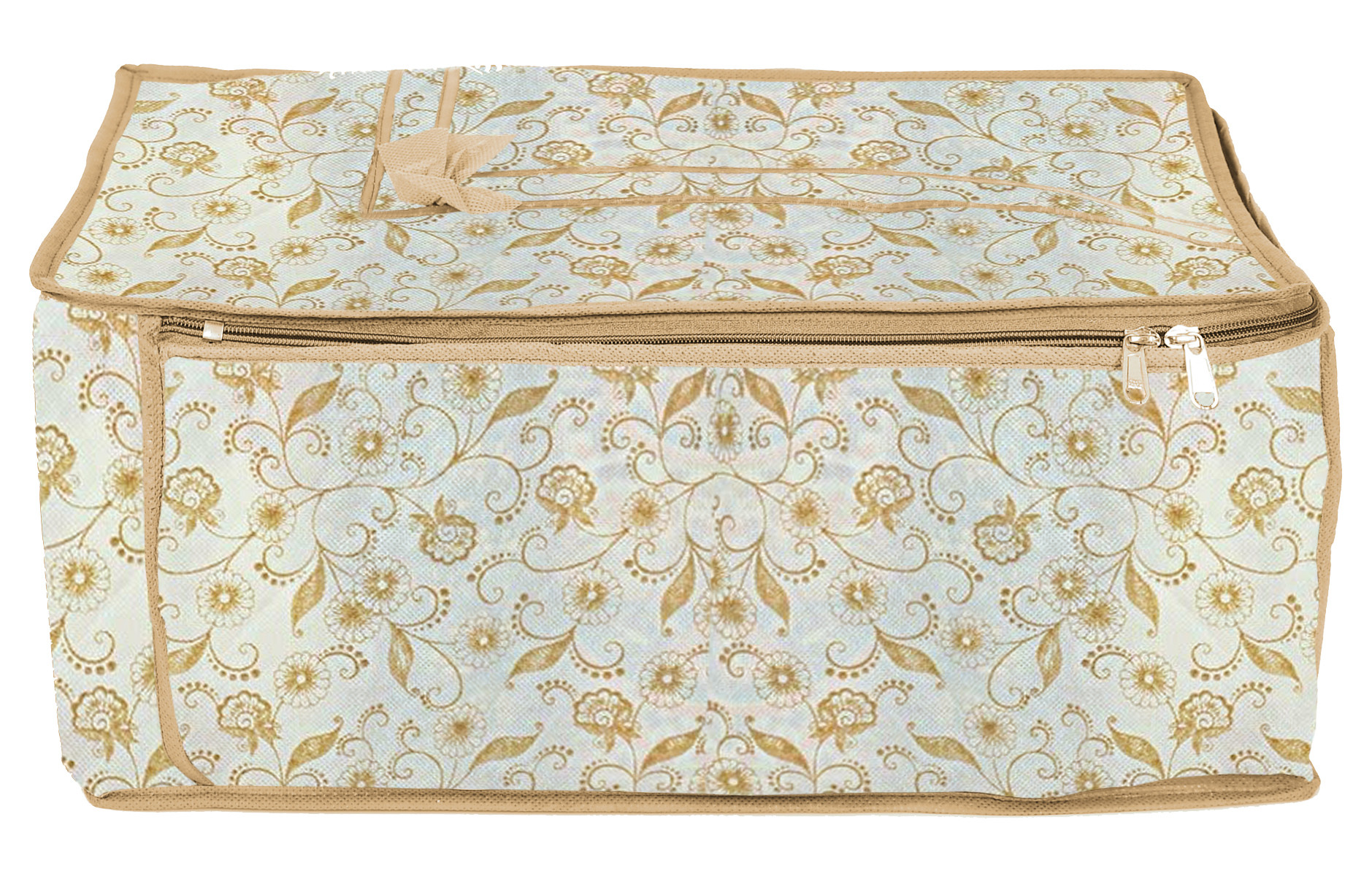 Kuber Industries Metalic Leaf Print Non Woven Saree Cover And 2 Pieces Underbed Storage Bag, Storage Organiser, Blanket Cover (Brown)
