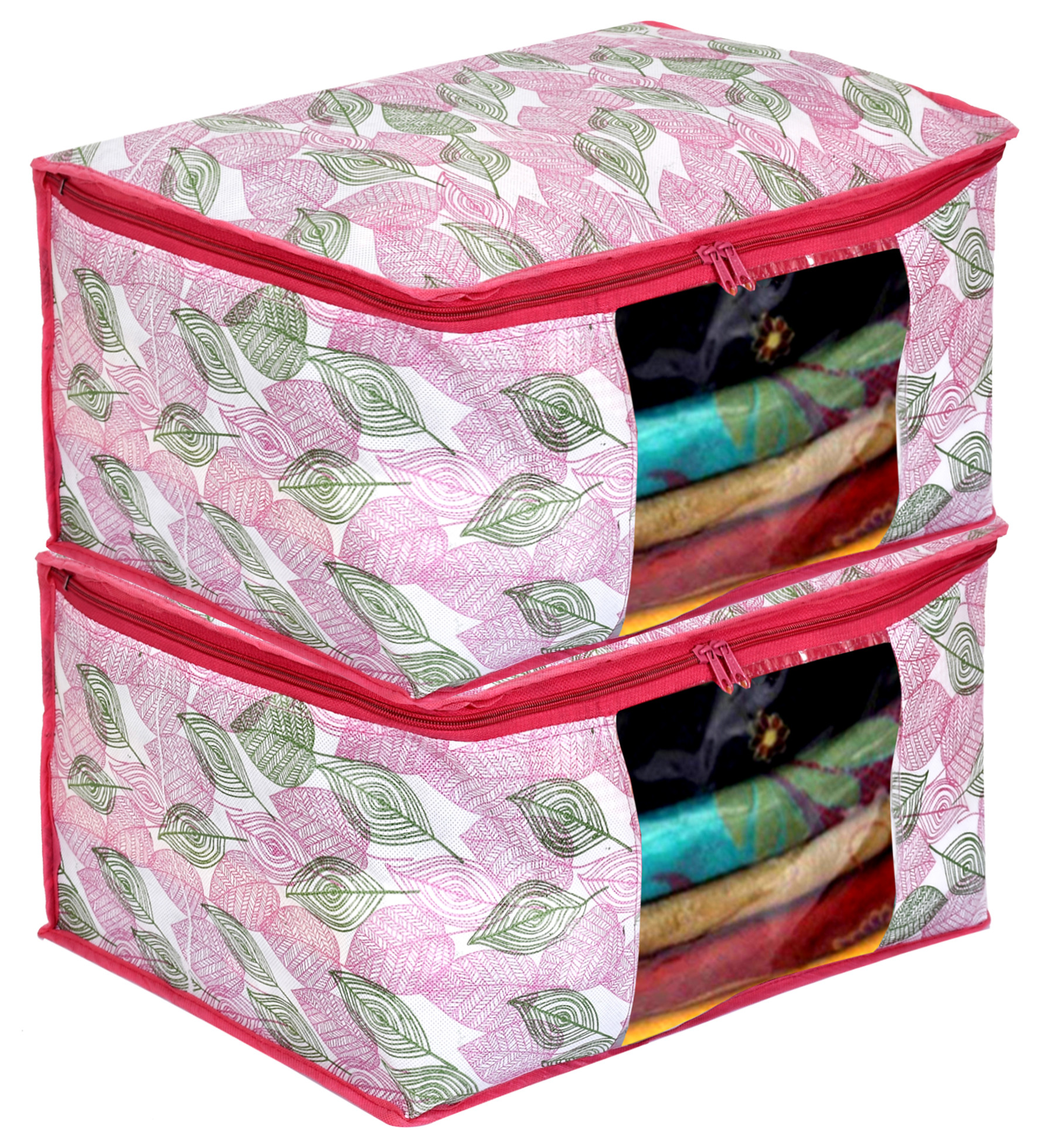 Kuber Industries Metalic leafy Print Non Woven Fabric Saree Cover/Clothes Organiser For Wardrobe Set with Transparent Window, Extra Large (Pink)-34_S_KUBMART16529