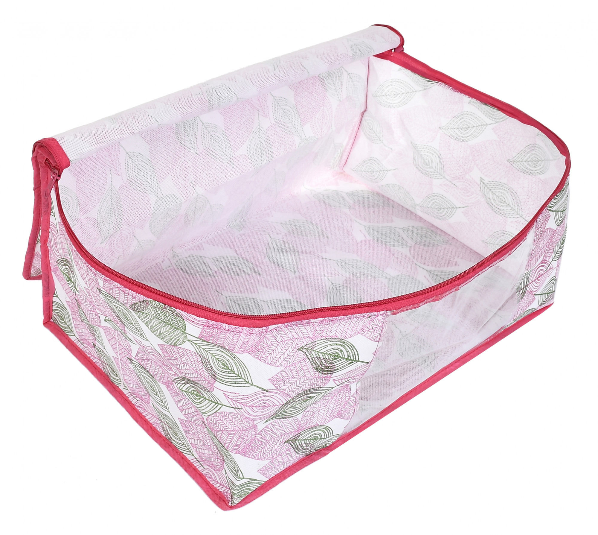 Kuber Industries Metalic leafy Print Non Woven Fabric Saree Cover/Clothes Organiser For Wardrobe Set with Transparent Window, Extra Large (Pink)-34_S_KUBMART16529