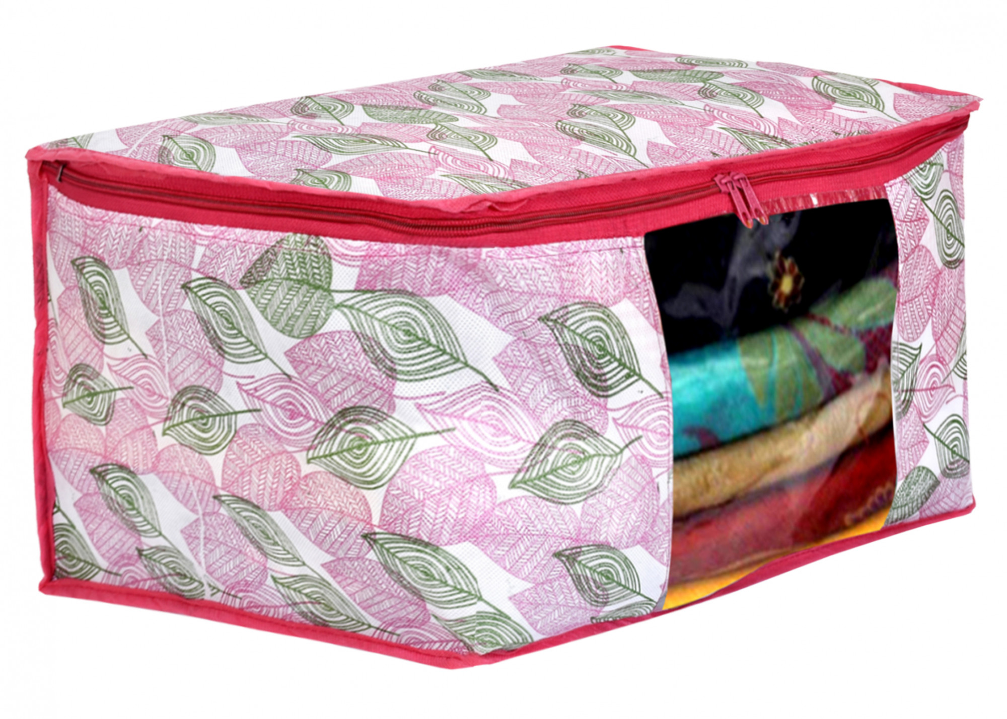 Kuber Industries Metalic leafy Print Non Woven Fabric Saree Cover/Clothes Organiser For Wardrobe Set with Transparent Window, Extra Large (Pink)-34_S_KUBMART16529