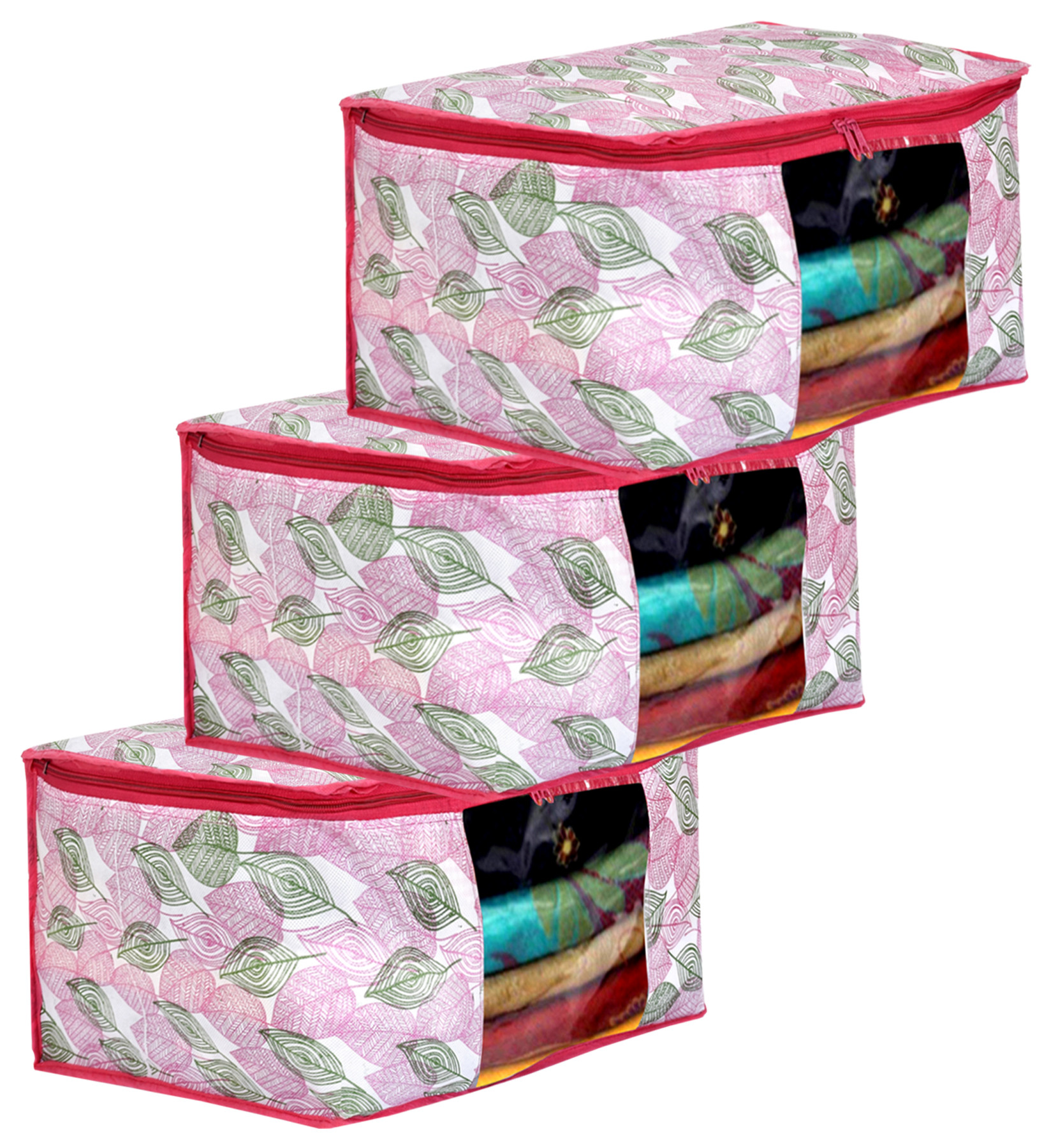 Kuber Industries Metalic leafy Print Non Woven Fabric Saree Cover/Clothes Organiser For Wardrobe Set with Transparent Window, Extra Large (Pink)-34_S_KUBMART16529