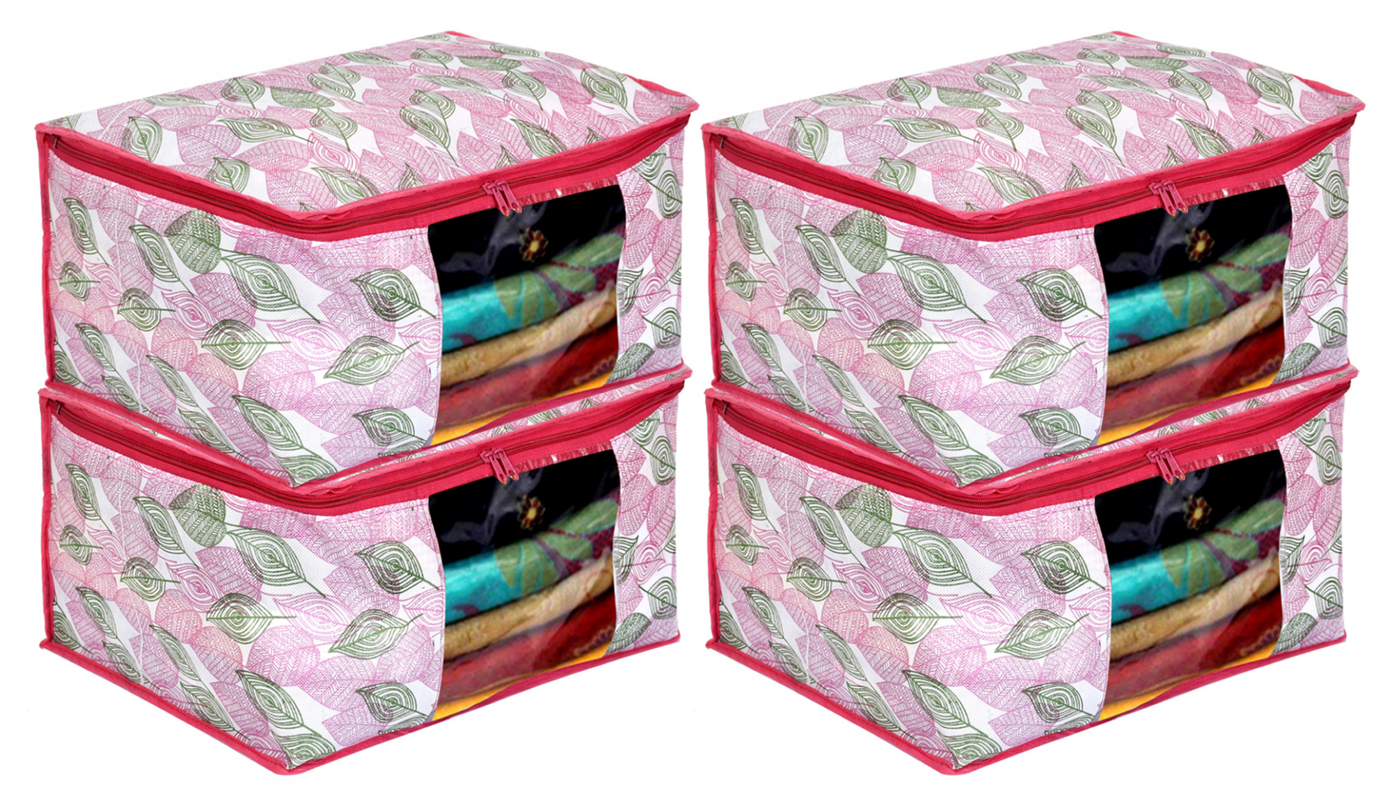 Kuber Industries Metalic leafy Print Non Woven Fabric Saree Cover/Clothes Organiser For Wardrobe Set with Transparent Window, Extra Large (Pink)-34_S_KUBMART16529