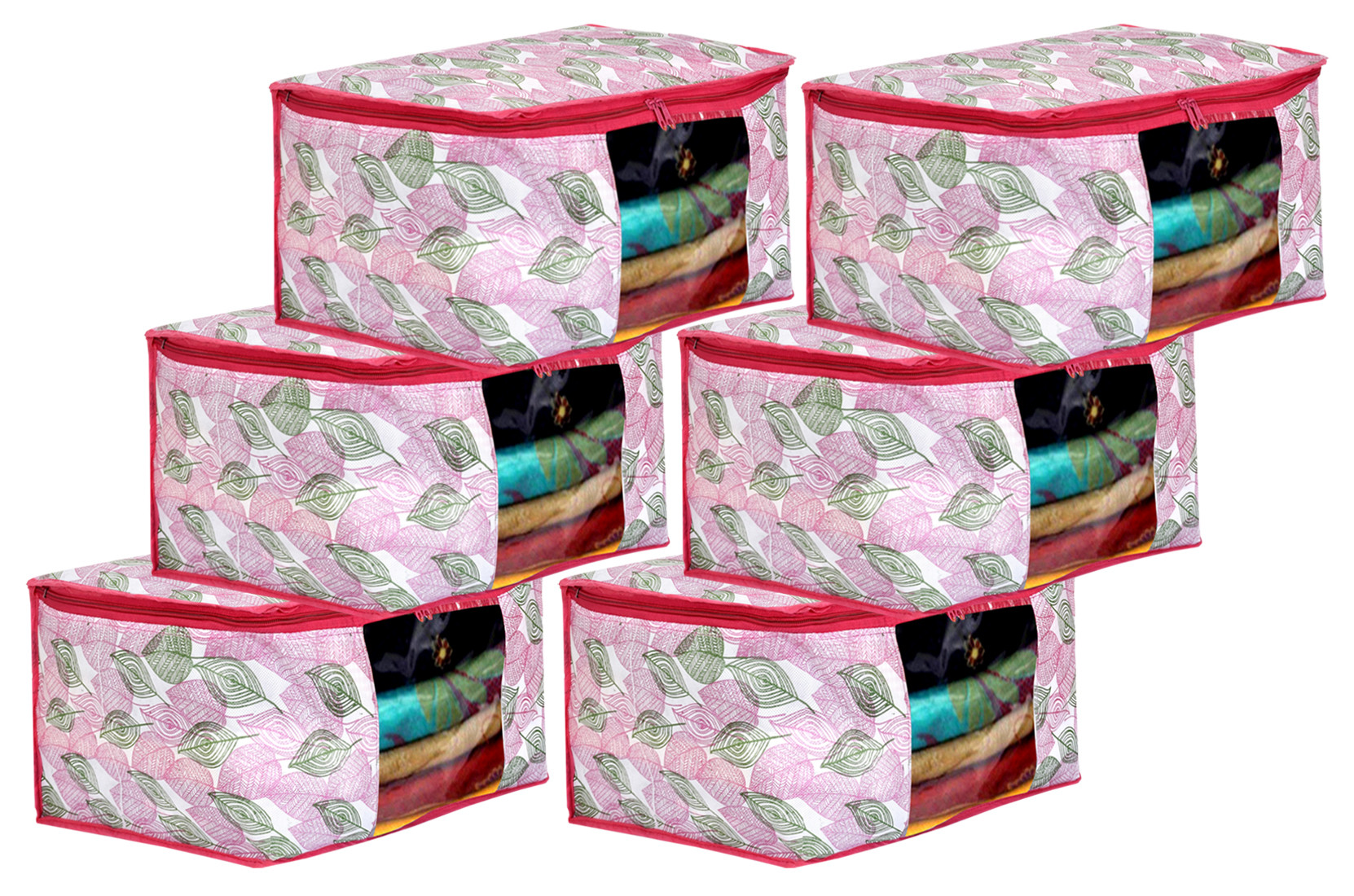 Kuber Industries Metalic leafy Print Non Woven Fabric Saree Cover/Clothes Organiser For Wardrobe Set with Transparent Window, Extra Large (Pink)-34_S_KUBMART16529