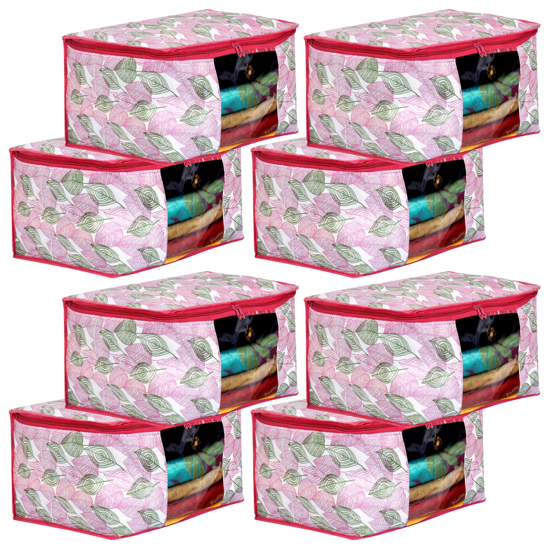 Kuber Industries Metalic leafy Print Non Woven Fabric Saree Cover/Clothes Organiser For Wardrobe Set with Transparent Window, Extra Large (Pink)-34_S_KUBMART16529