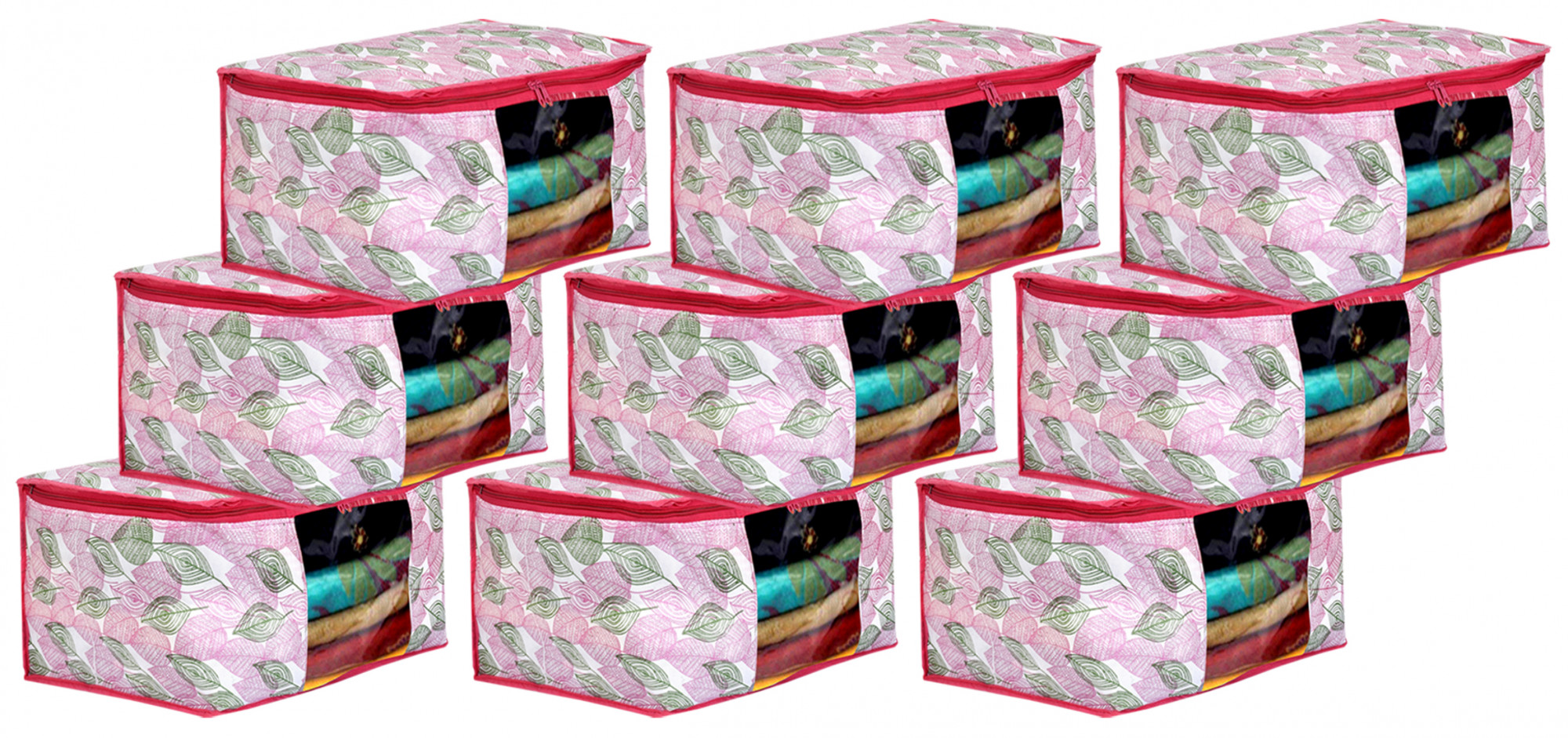 Kuber Industries Metalic leafy Print Non Woven Fabric Saree Cover/Clothes Organiser For Wardrobe Set with Transparent Window, Extra Large (Pink)-34_S_KUBMART16529