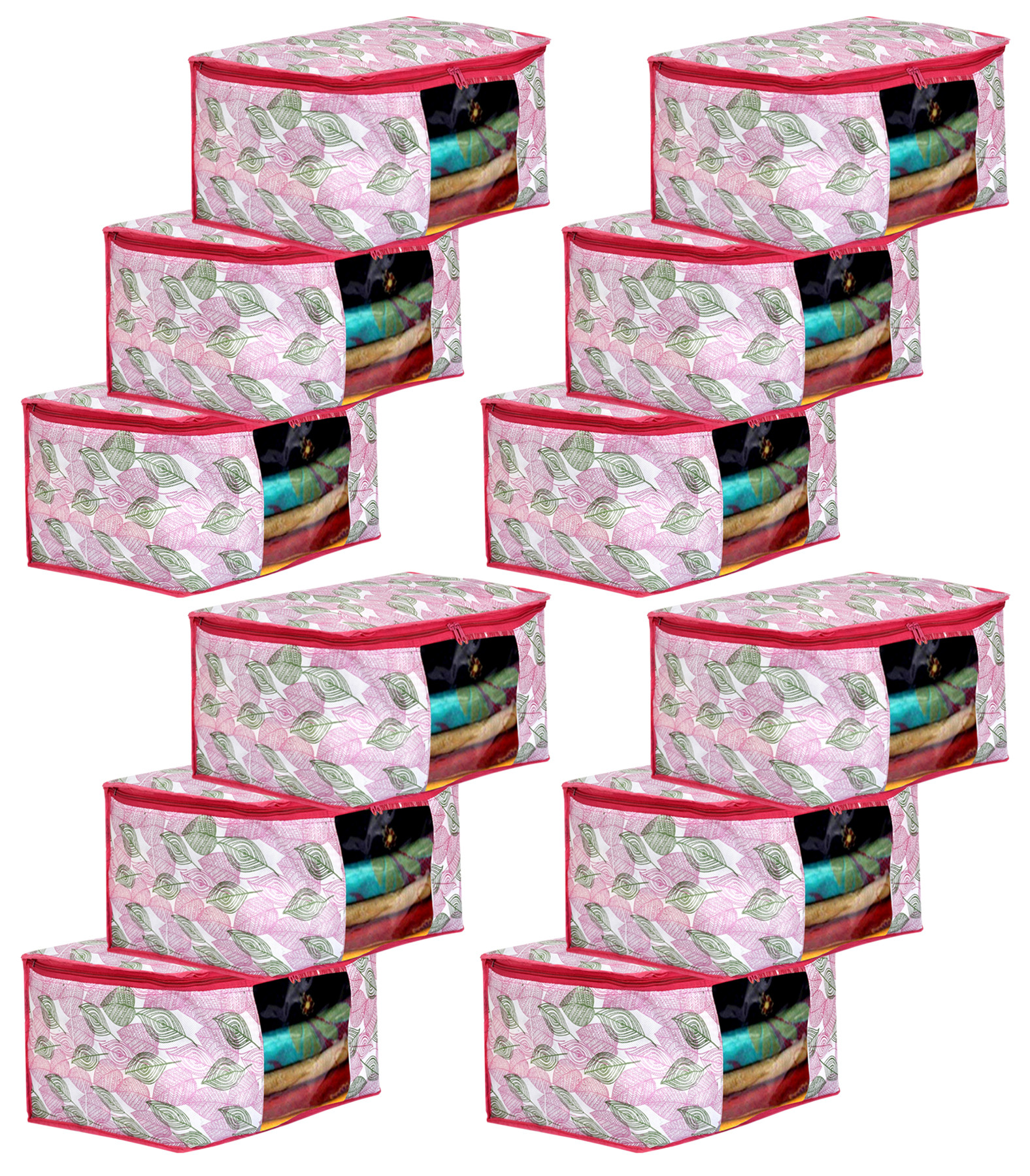 Kuber Industries Metalic leafy Print Non Woven Fabric Saree Cover/Clothes Organiser For Wardrobe Set with Transparent Window, Extra Large (Pink)-34_S_KUBMART16529