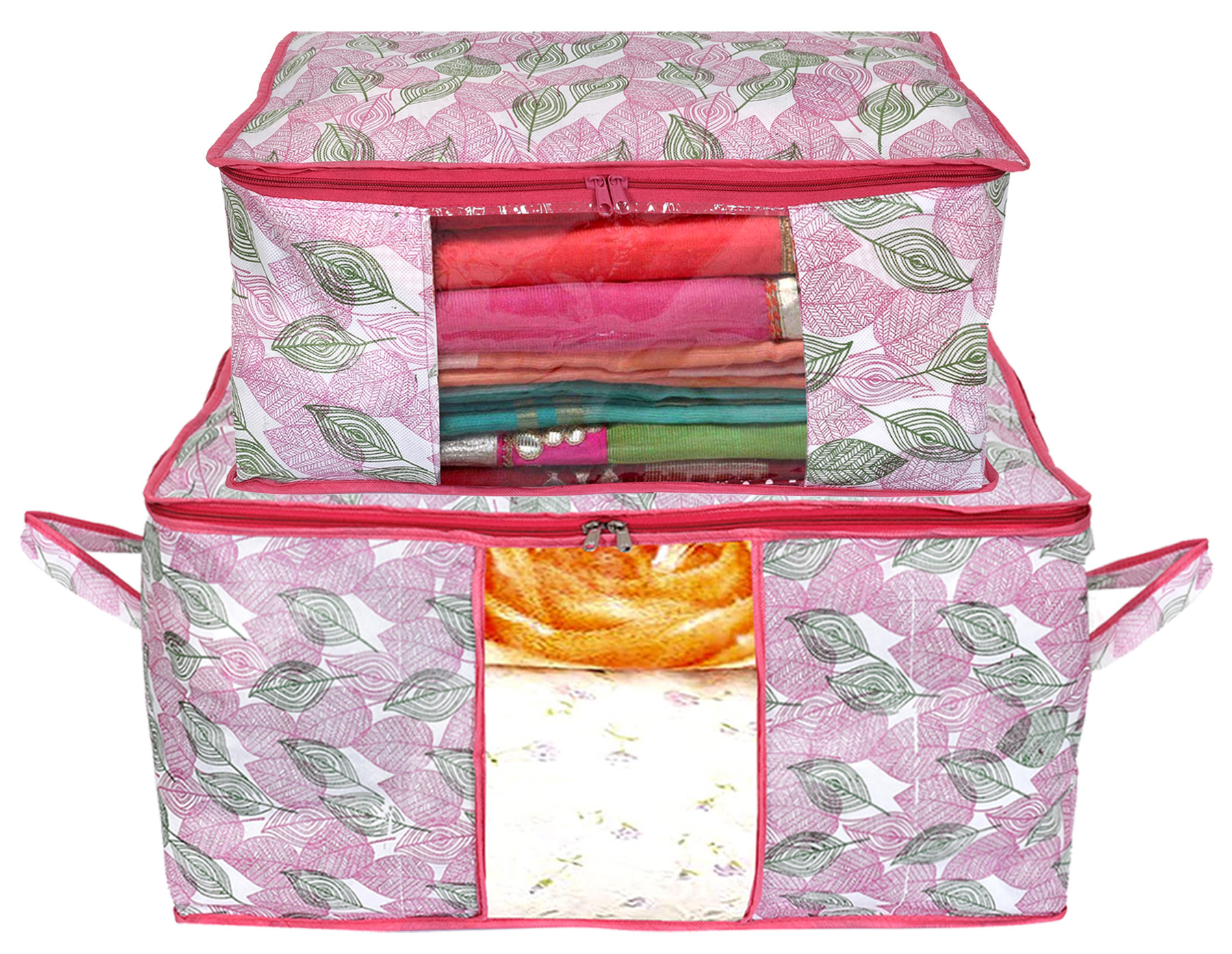 Kuber Industries Metalic Leafy Print Non Woven Saree Cover And Underbed Storage Bag, Storage Organiser, Blanket Cover (Pink)-34_S_KUBMART16687