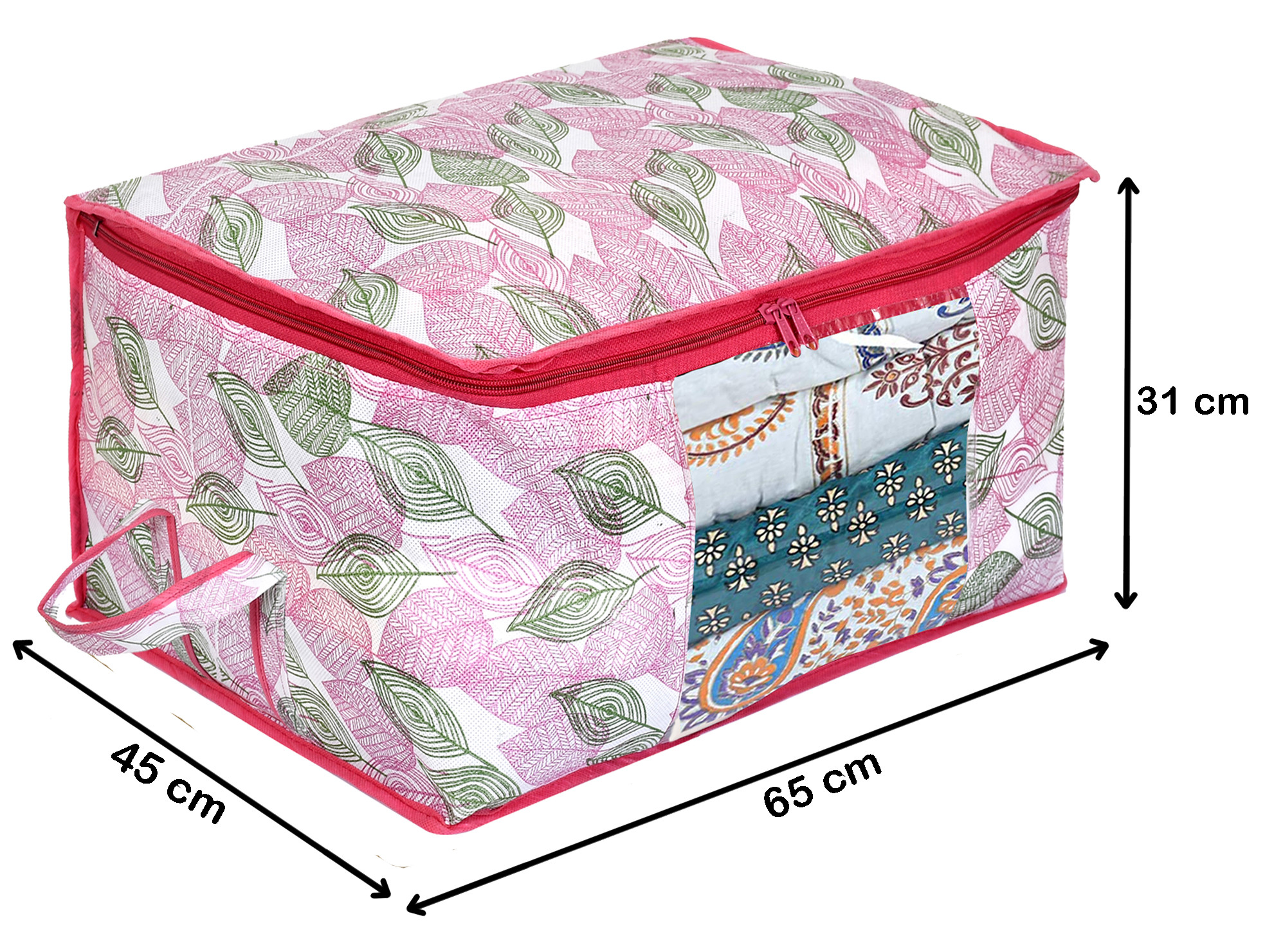 Kuber Industries Metalic Leafy Print Non Woven Saree Cover And Underbed Storage Bag, Storage Organiser, Blanket Cover (Pink)-34_S_KUBMART16687