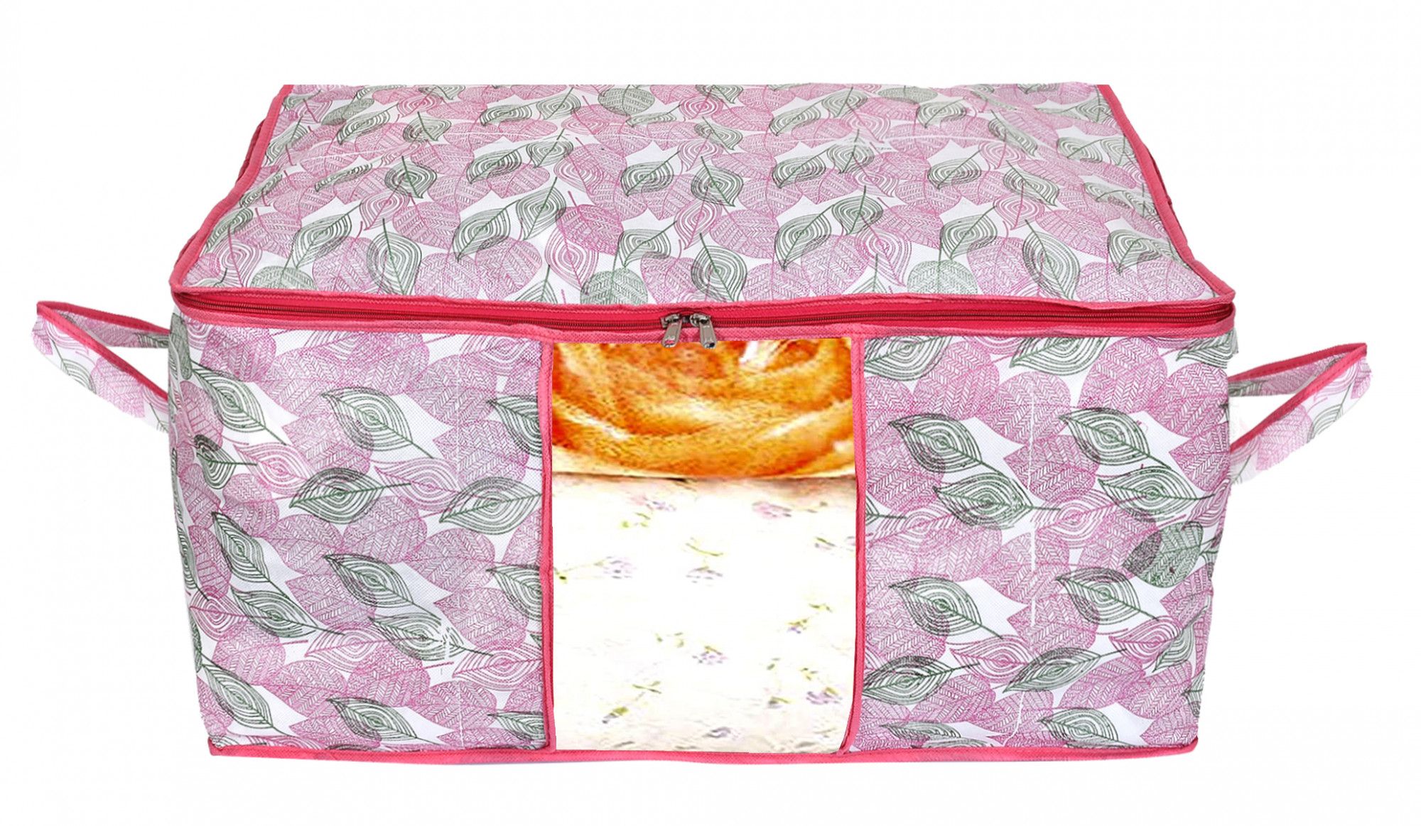 Kuber Industries Metalic Leafy Print Non Woven Saree Cover And Underbed Storage Bag, Storage Organiser, Blanket Cover (Pink)-34_S_KUBMART16687