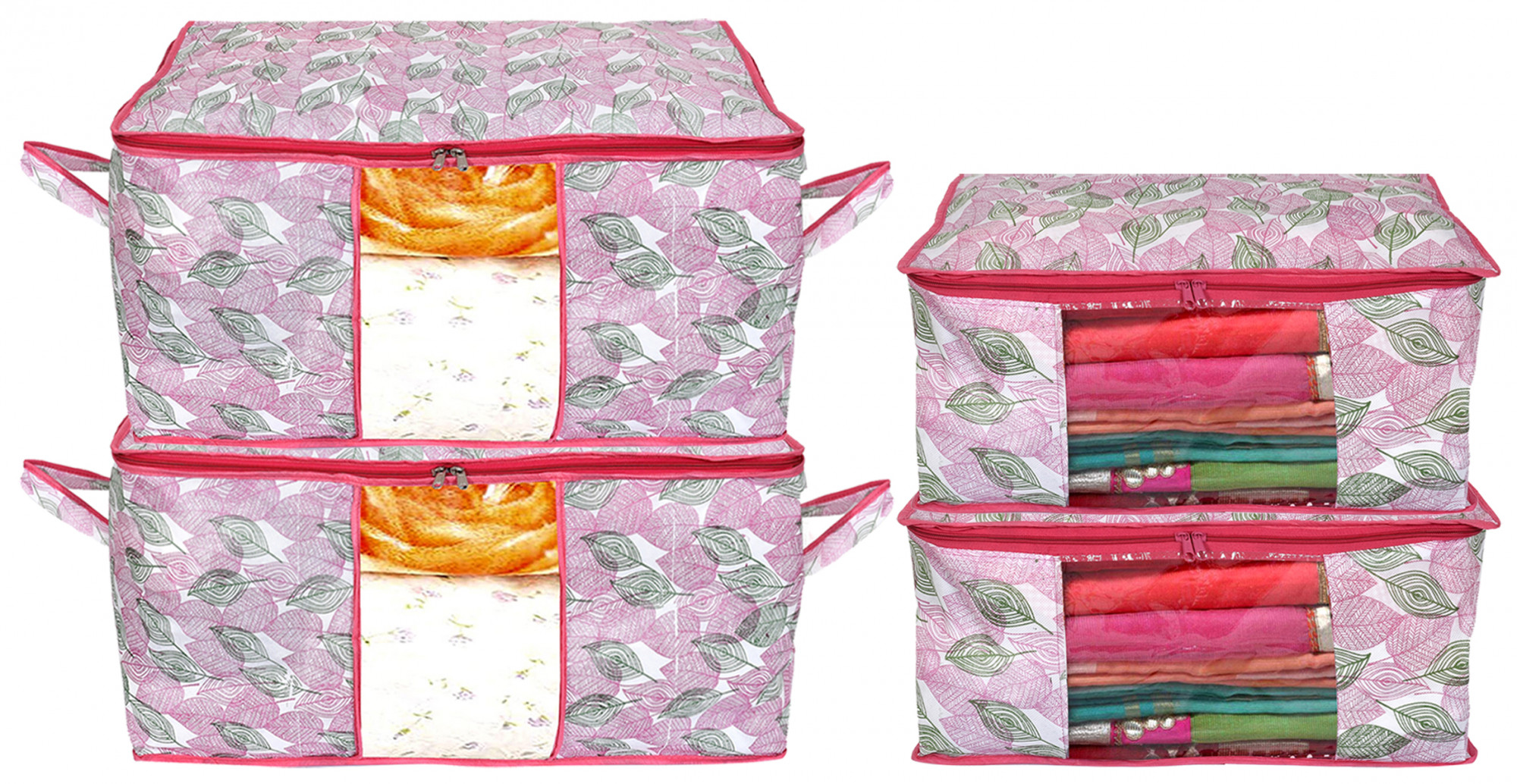 Kuber Industries Metalic Leafy Print Non Woven Saree Cover And Underbed Storage Bag, Storage Organiser, Blanket Cover (Pink)-34_S_KUBMART16687