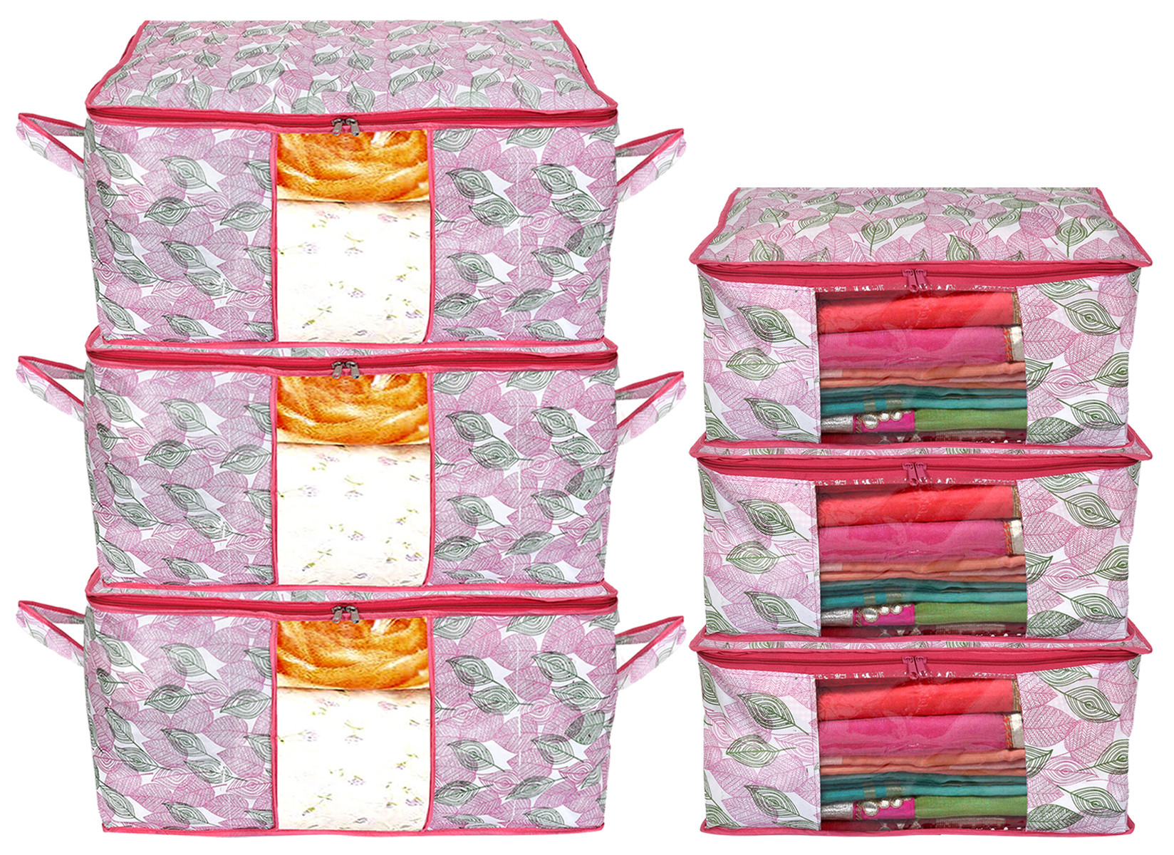 Kuber Industries Metalic Leafy Print Non Woven Saree Cover And Underbed Storage Bag, Storage Organiser, Blanket Cover (Pink)-34_S_KUBMART16687