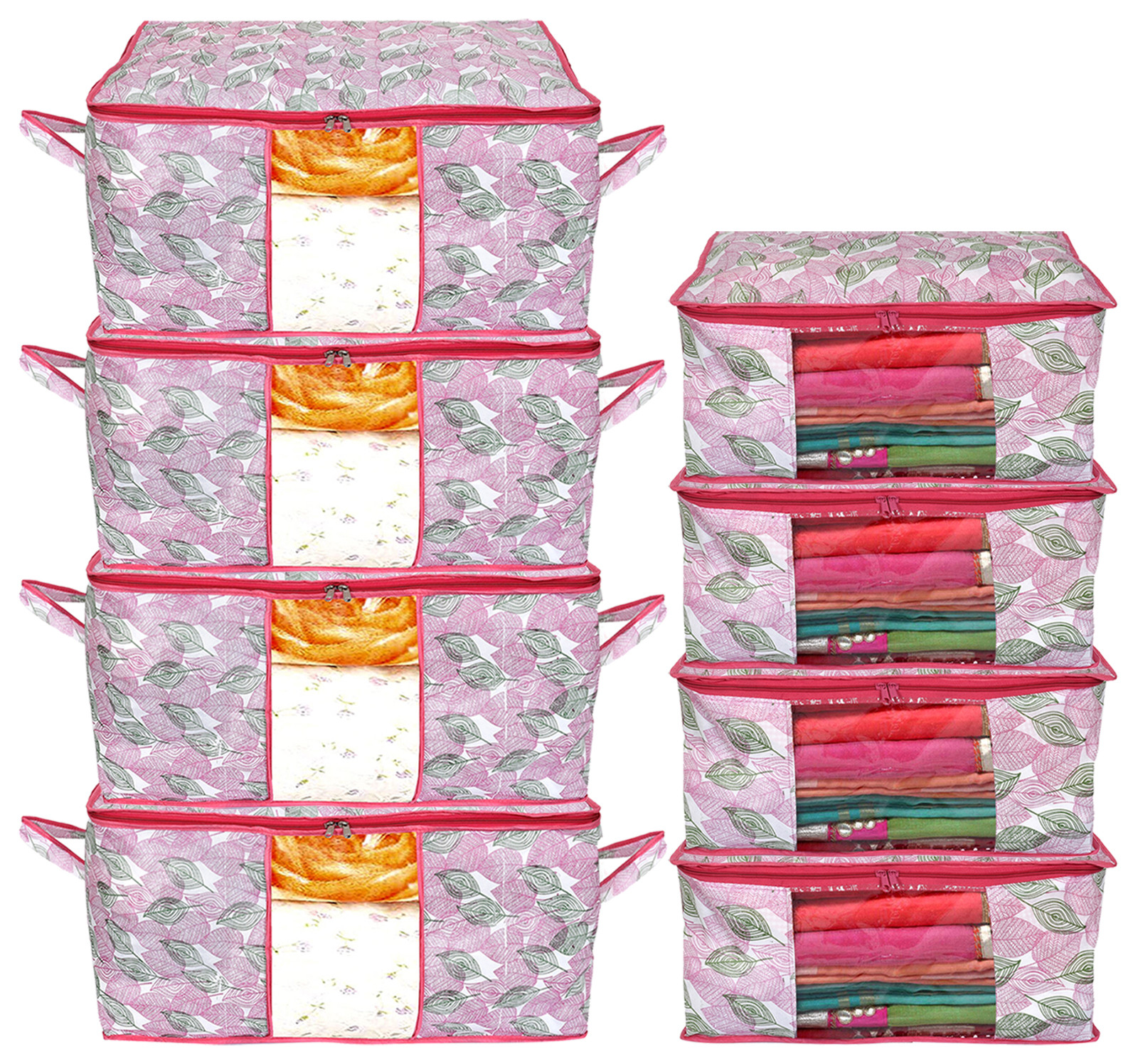 Kuber Industries Metalic Leafy Print Non Woven Saree Cover And Underbed Storage Bag, Storage Organiser, Blanket Cover (Pink)-34_S_KUBMART16687