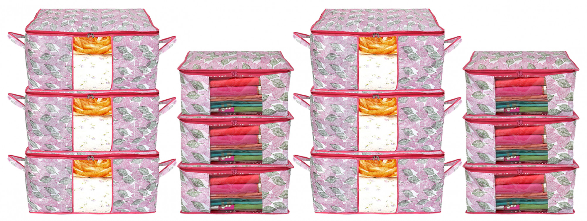 Kuber Industries Metalic Leafy Print Non Woven Saree Cover And Underbed Storage Bag, Storage Organiser, Blanket Cover (Pink)-34_S_KUBMART16687