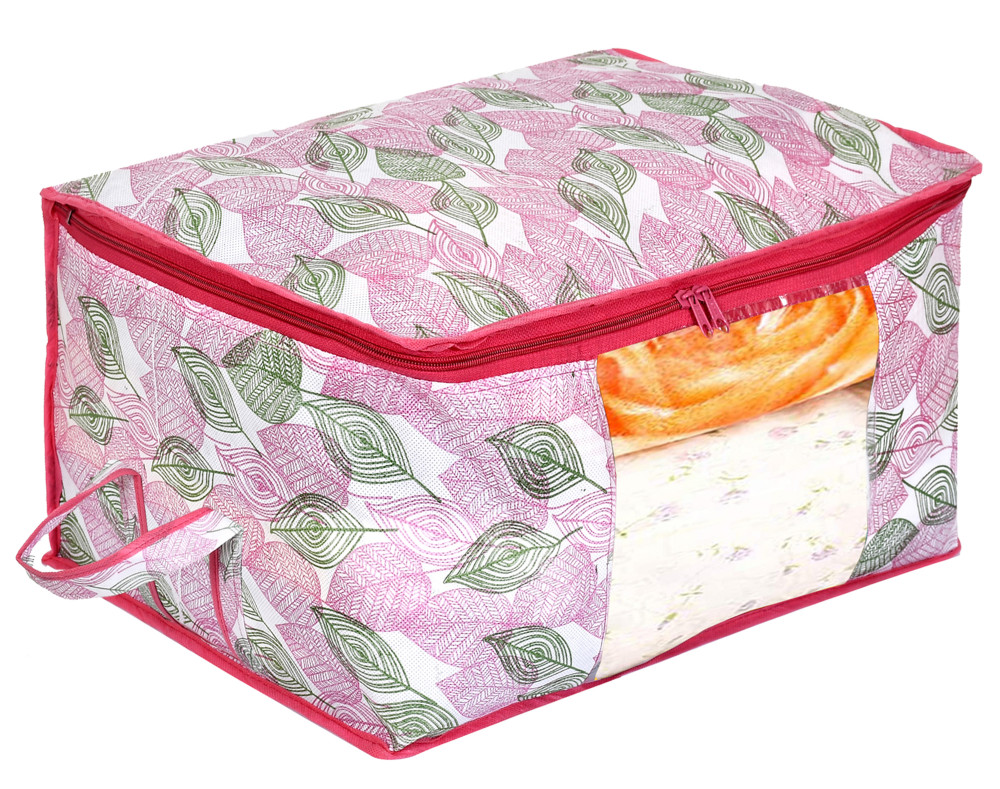 Kuber Industries Metalic Leafy Print Non Woven Underbed Storage Bag,Cloth Organiser,Blanket Cover with Transparent Window (Pink)-34_S_KUBMART16613