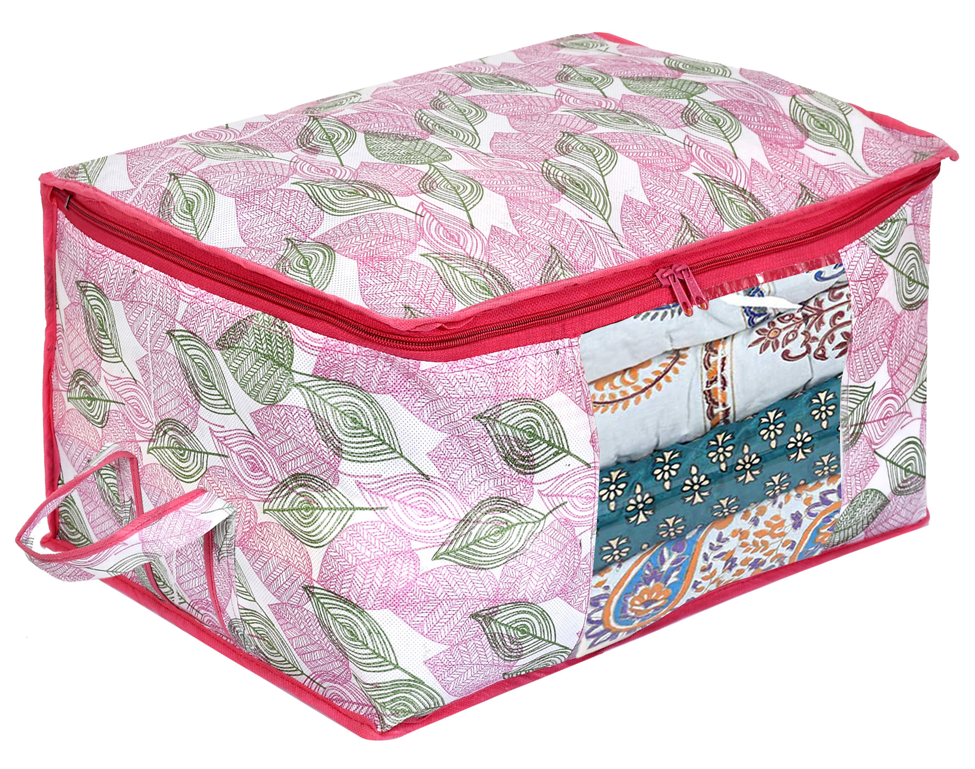 Kuber Industries Metalic Leafy Print Non Woven Underbed Storage Bag,Cloth Organiser,Blanket Cover with Transparent Window (Pink)-34_S_KUBMART16613