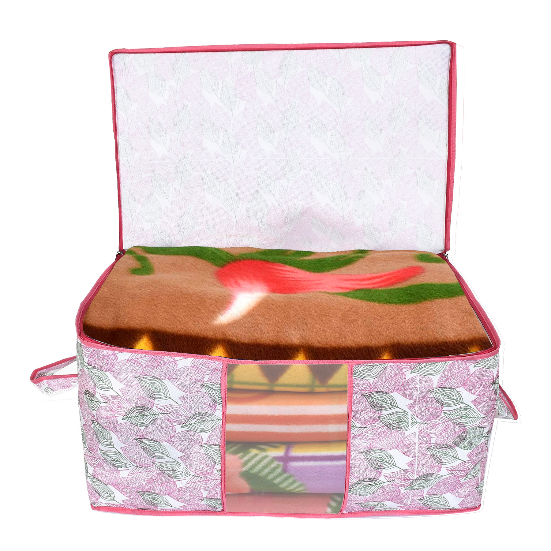 Kuber Industries Metalic Leafy Print Non Woven Underbed Storage Bag,Cloth Organiser,Blanket Cover with Transparent Window (Pink)-34_S_KUBMART16613