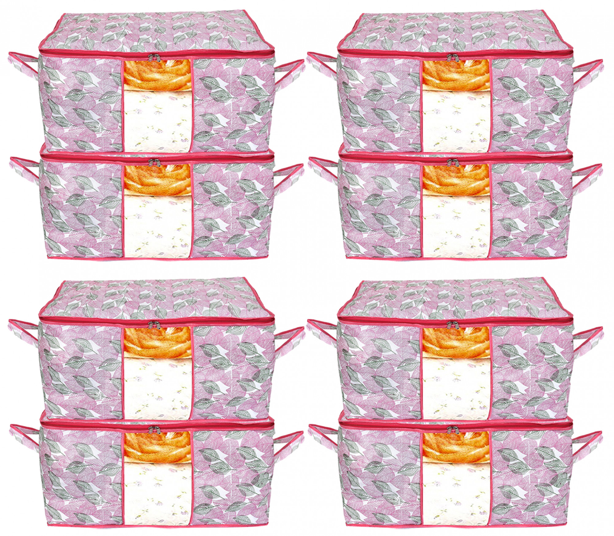 Kuber Industries Metalic Leafy Print Non Woven Underbed Storage Bag,Cloth Organiser,Blanket Cover with Transparent Window (Pink)-34_S_KUBMART16613