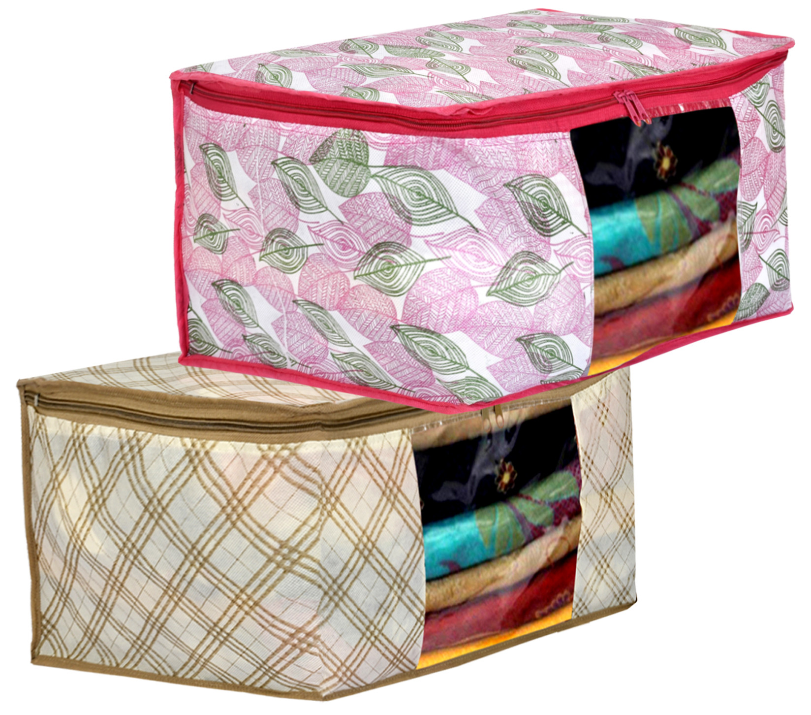 Kuber Industries Metalic Leafy,Checkered Print Non Woven Fabric Saree Cover/Clothes Organiser For Wardrobe Set with Transparent Window, Extra Large (Ivory & Pink)-34_S_KUBMART16545