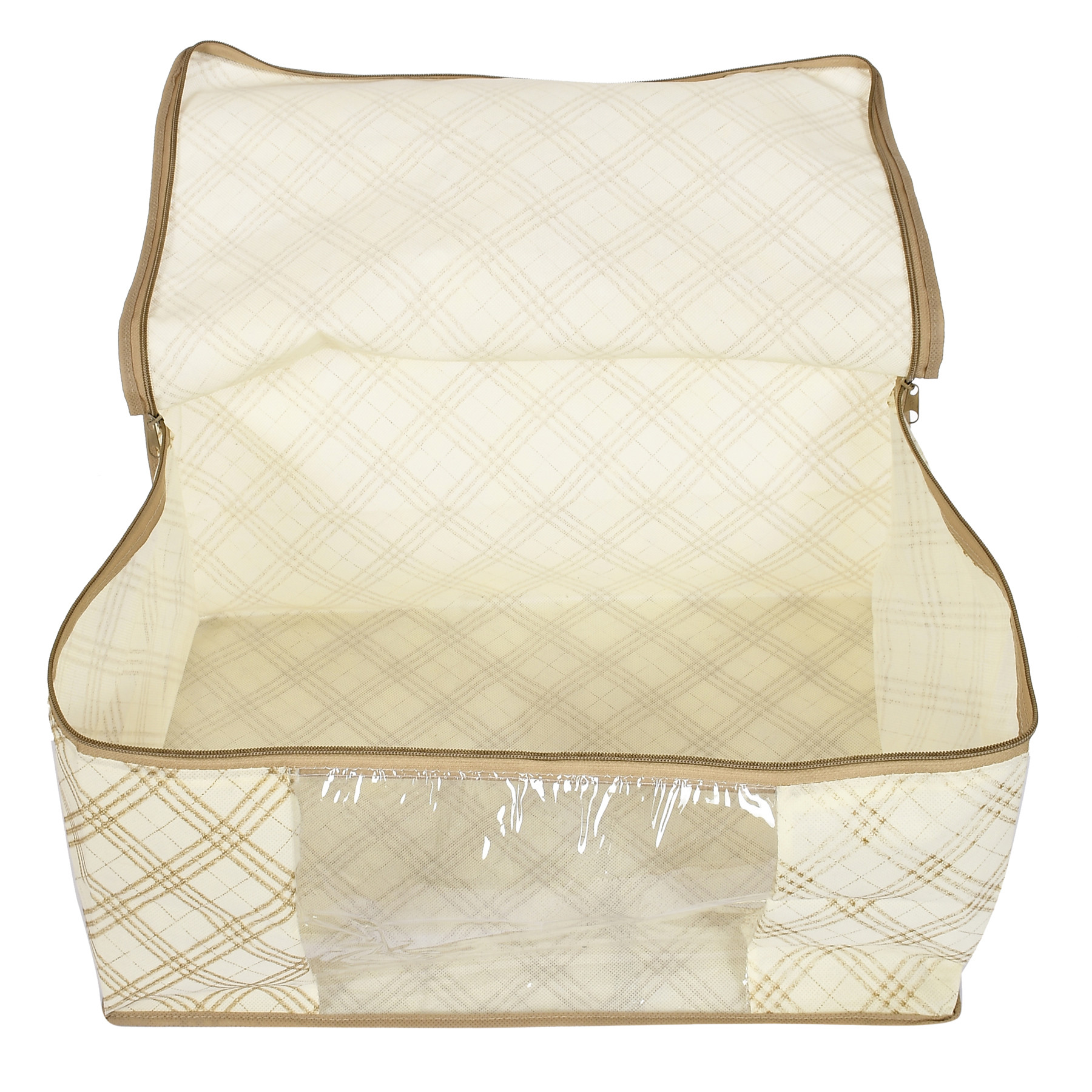 Kuber Industries Metalic Leafy,Checkered Print Non Woven Fabric Saree Cover/Clothes Organiser For Wardrobe Set with Transparent Window, Extra Large (Ivory & Pink)-34_S_KUBMART16545