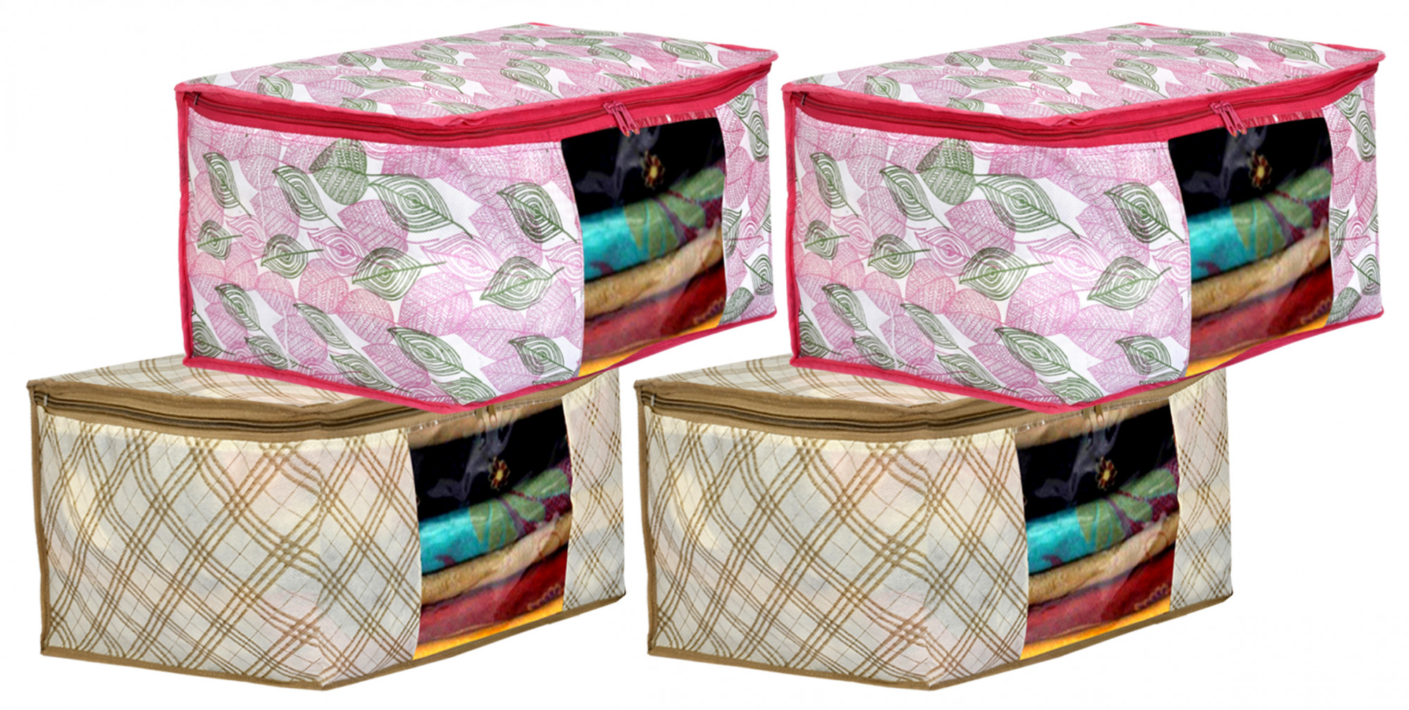 Kuber Industries Metalic Leafy,Checkered Print Non Woven Fabric Saree Cover/Clothes Organiser For Wardrobe Set with Transparent Window, Extra Large (Ivory & Pink)-34_S_KUBMART16545