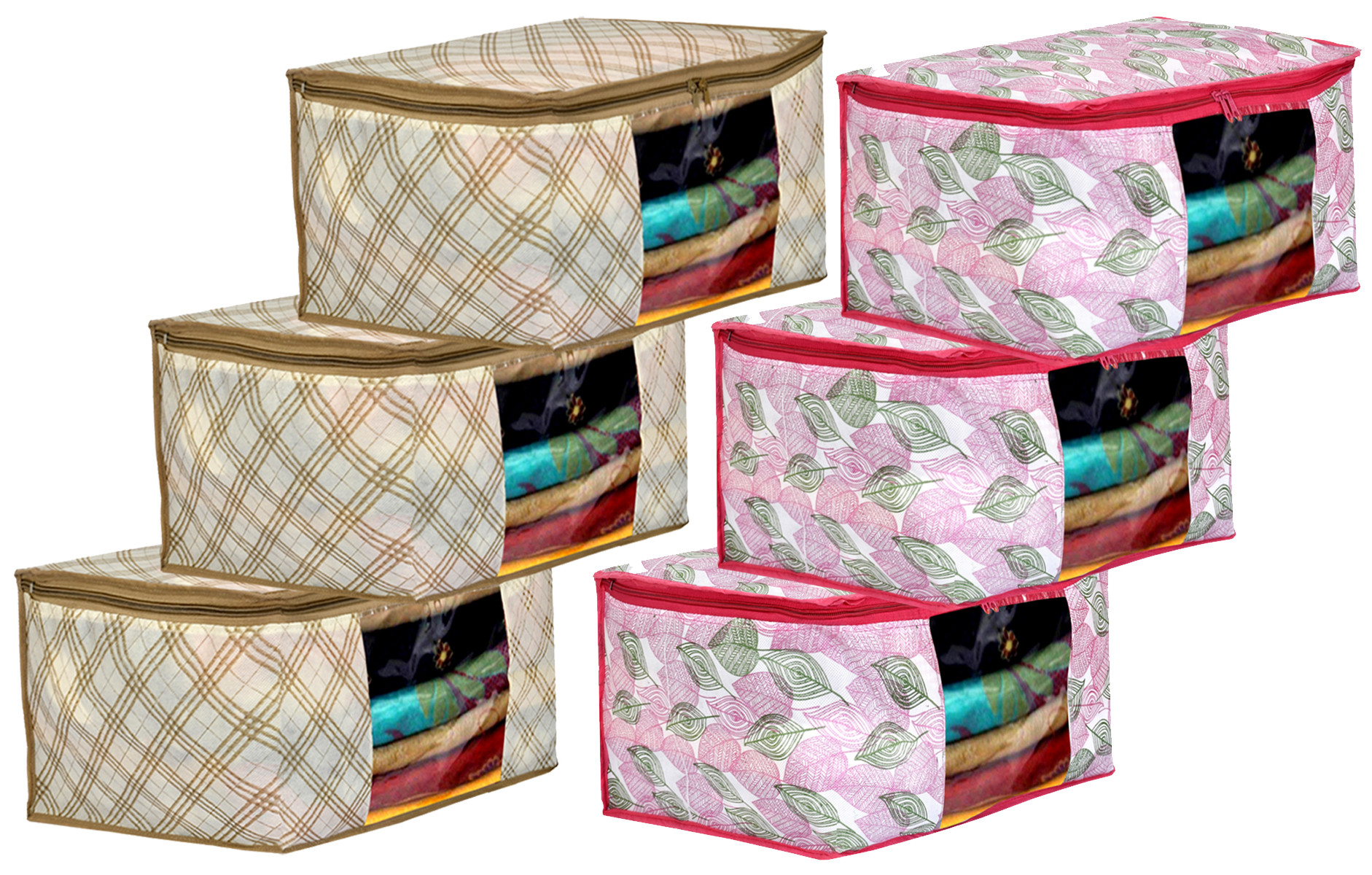 Kuber Industries Metalic Leafy,Checkered Print Non Woven Fabric Saree Cover/Clothes Organiser For Wardrobe Set with Transparent Window, Extra Large (Ivory & Pink)-34_S_KUBMART16545