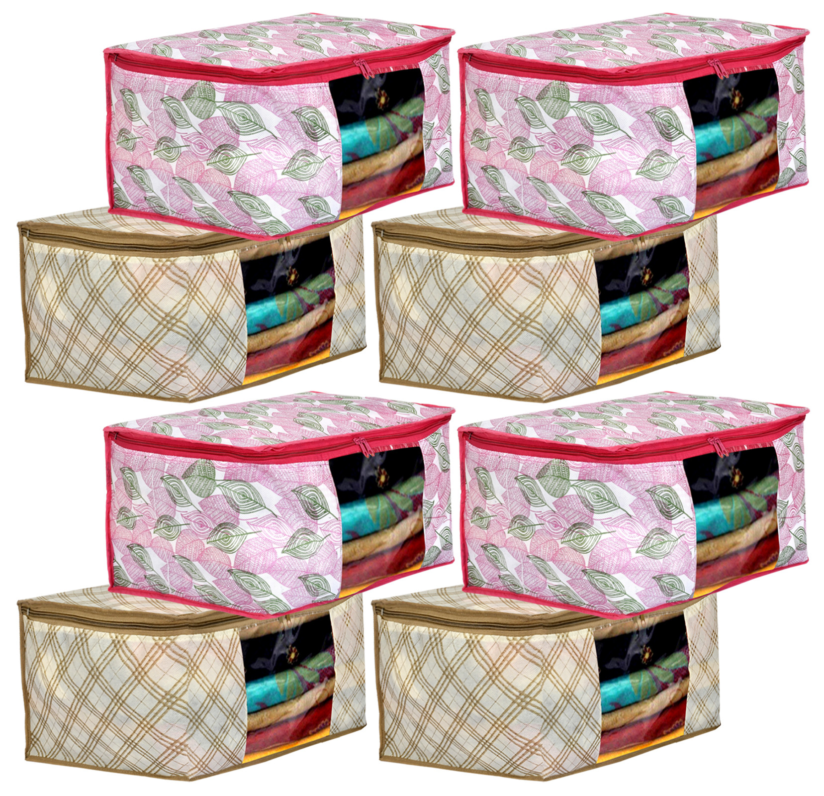 Kuber Industries Metalic Leafy,Checkered Print Non Woven Fabric Saree Cover/Clothes Organiser For Wardrobe Set with Transparent Window, Extra Large (Ivory & Pink)-34_S_KUBMART16545