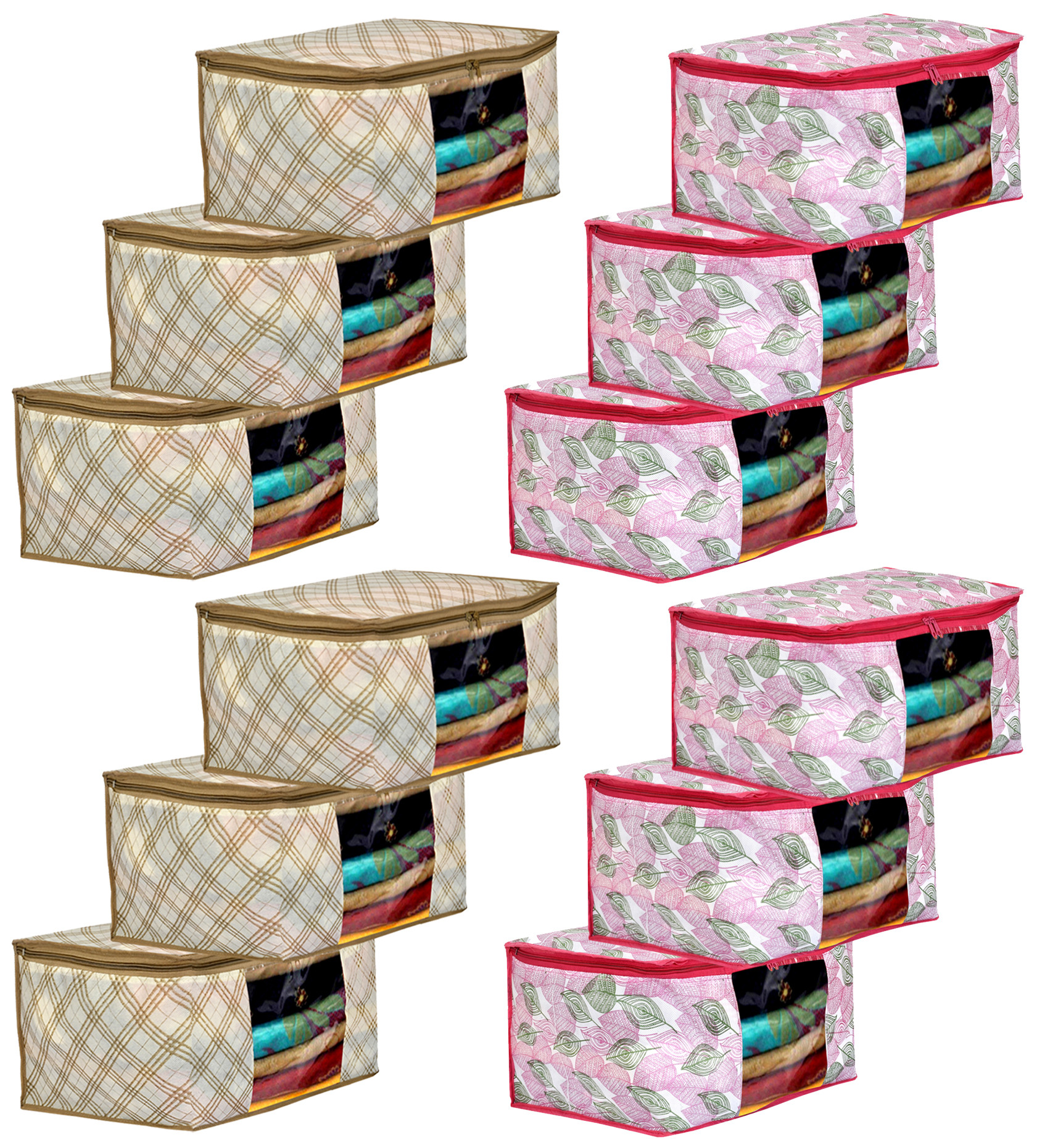 Kuber Industries Metalic Leafy,Checkered Print Non Woven Fabric Saree Cover/Clothes Organiser For Wardrobe Set with Transparent Window, Extra Large (Ivory & Pink)-34_S_KUBMART16545