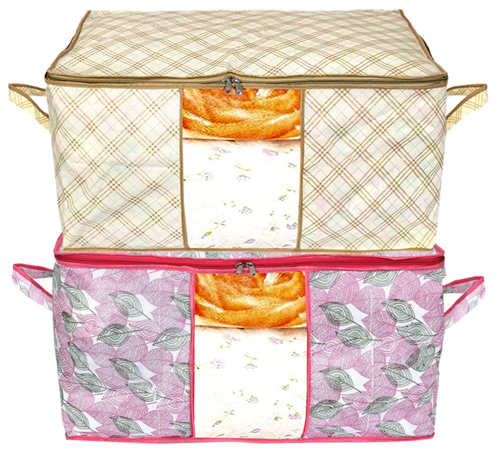 Kuber Industries Metalic Leafy,Checkered Print Non Woven Underbed Storage Bag,Cloth Organiser,Blanket Cover with Transparent Window (Pink &amp; Ivory)-34_S_KUBMART16631