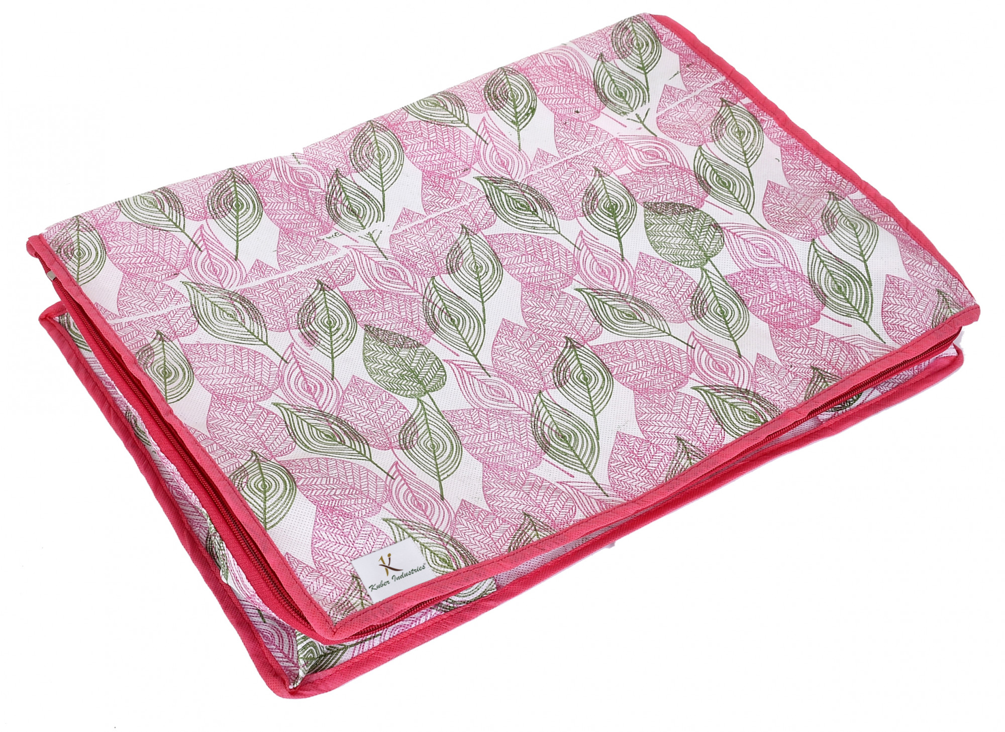 Kuber Industries Metalic Leafy,Checkered Print Non Woven Underbed Storage Bag,Cloth Organiser,Blanket Cover with Transparent Window (Pink & Ivory)-34_S_KUBMART16631
