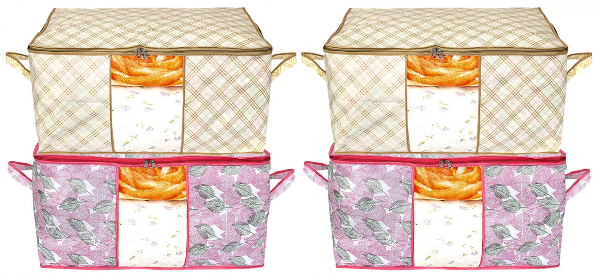 Kuber Industries Metalic Leafy,Checkered Print Non Woven Underbed Storage Bag,Cloth Organiser,Blanket Cover with Transparent Window (Pink & Ivory)-34_S_KUBMART16631