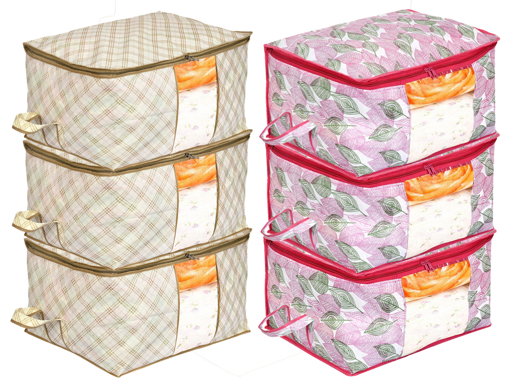 Kuber Industries Metalic Leafy,Checkered Print Non Woven Underbed Storage Bag,Cloth Organiser,Blanket Cover with Transparent Window (Pink & Ivory)-34_S_KUBMART16631