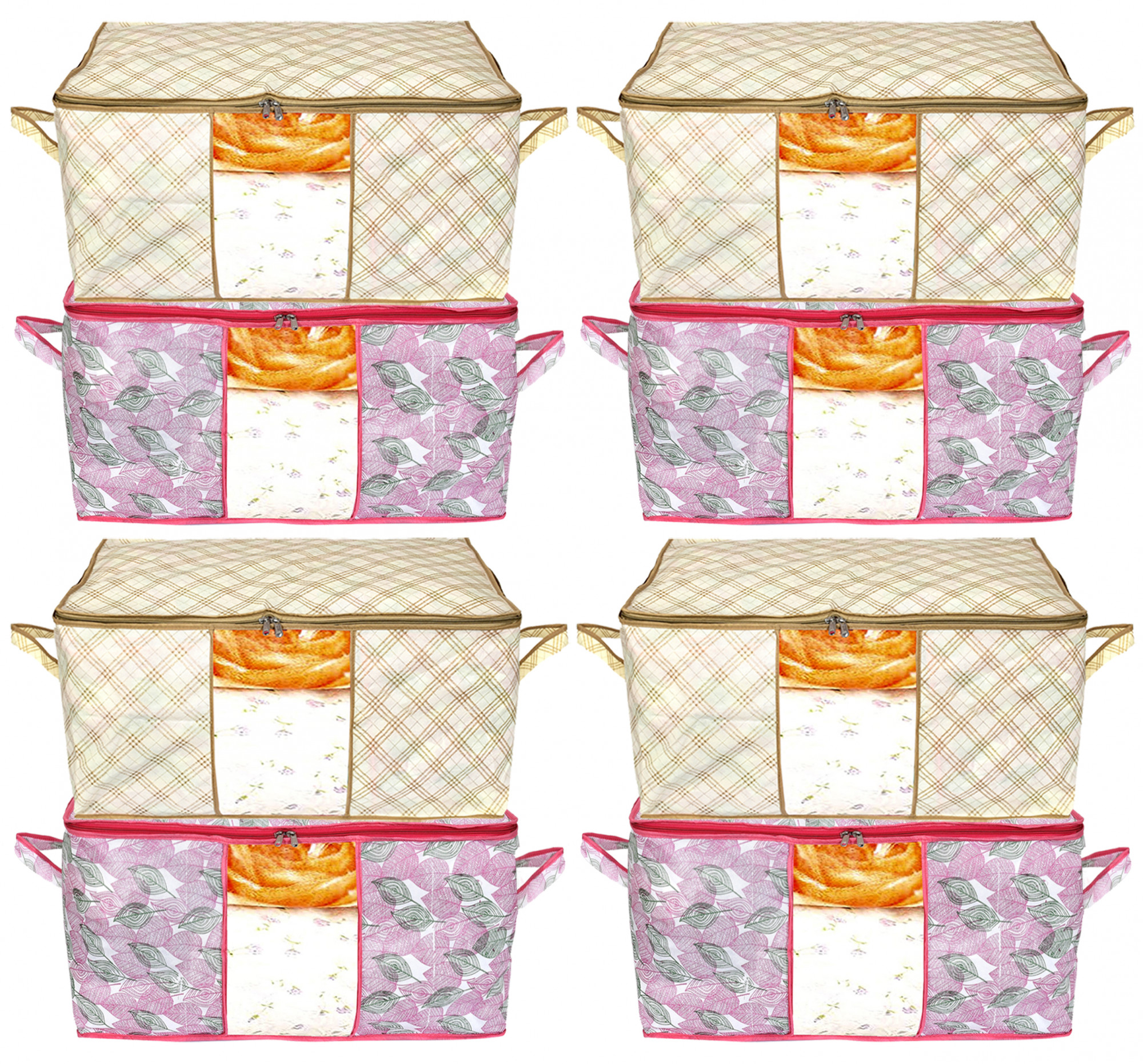 Kuber Industries Metalic Leafy,Checkered Print Non Woven Underbed Storage Bag,Cloth Organiser,Blanket Cover with Transparent Window (Pink & Ivory)-34_S_KUBMART16631