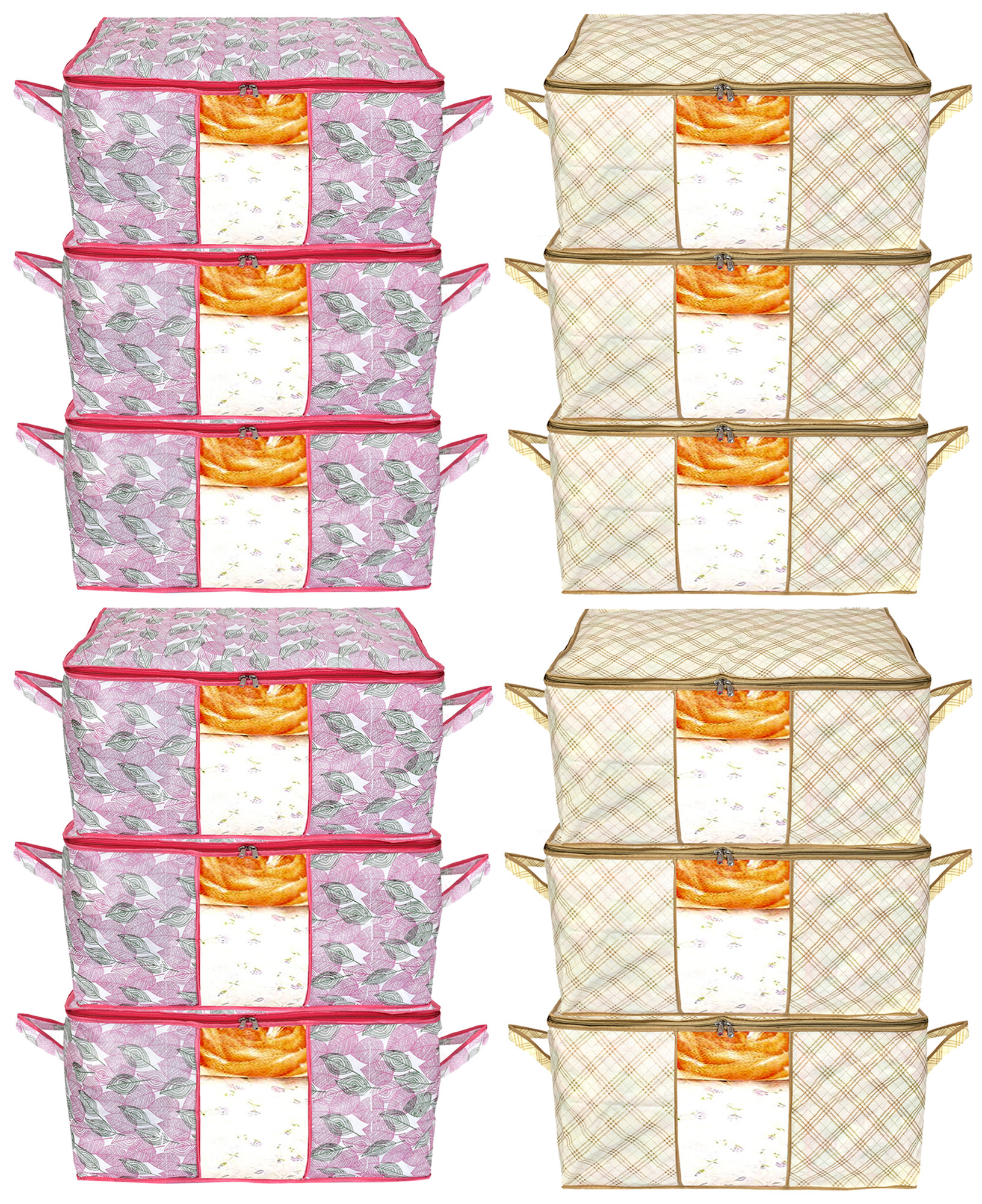 Kuber Industries Metalic Leafy,Checkered Print Non Woven Underbed Storage Bag,Cloth Organiser,Blanket Cover with Transparent Window (Pink & Ivory)-34_S_KUBMART16631